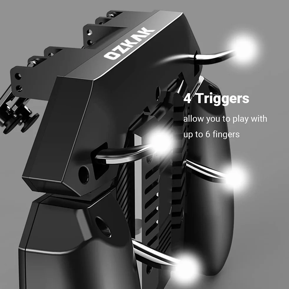 Ozkak Mobile Controller con Fan Ventola Raffreddamento, Smartphone Trigger 6 Finger L1 R1 L2 R2 per PUBG COD Telefono Cellulare iPhone iOS Android Larghezza da 67 a 90 mm