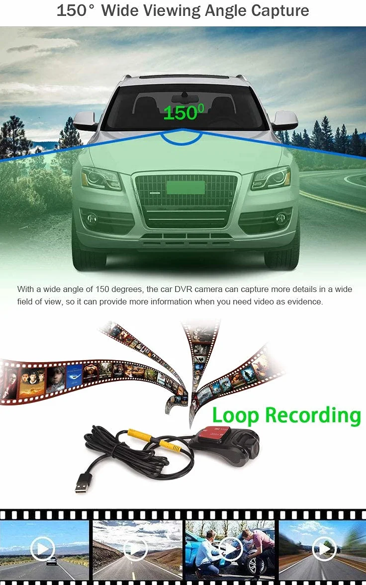 ERISIN HD 1080P 150° Grandangolo Mini Dashcam Auto Dashcam USB Impermeabile Registratore DVR Auto DVR Visione notturna Telecamera frontale per Android Autoradio CD Player
