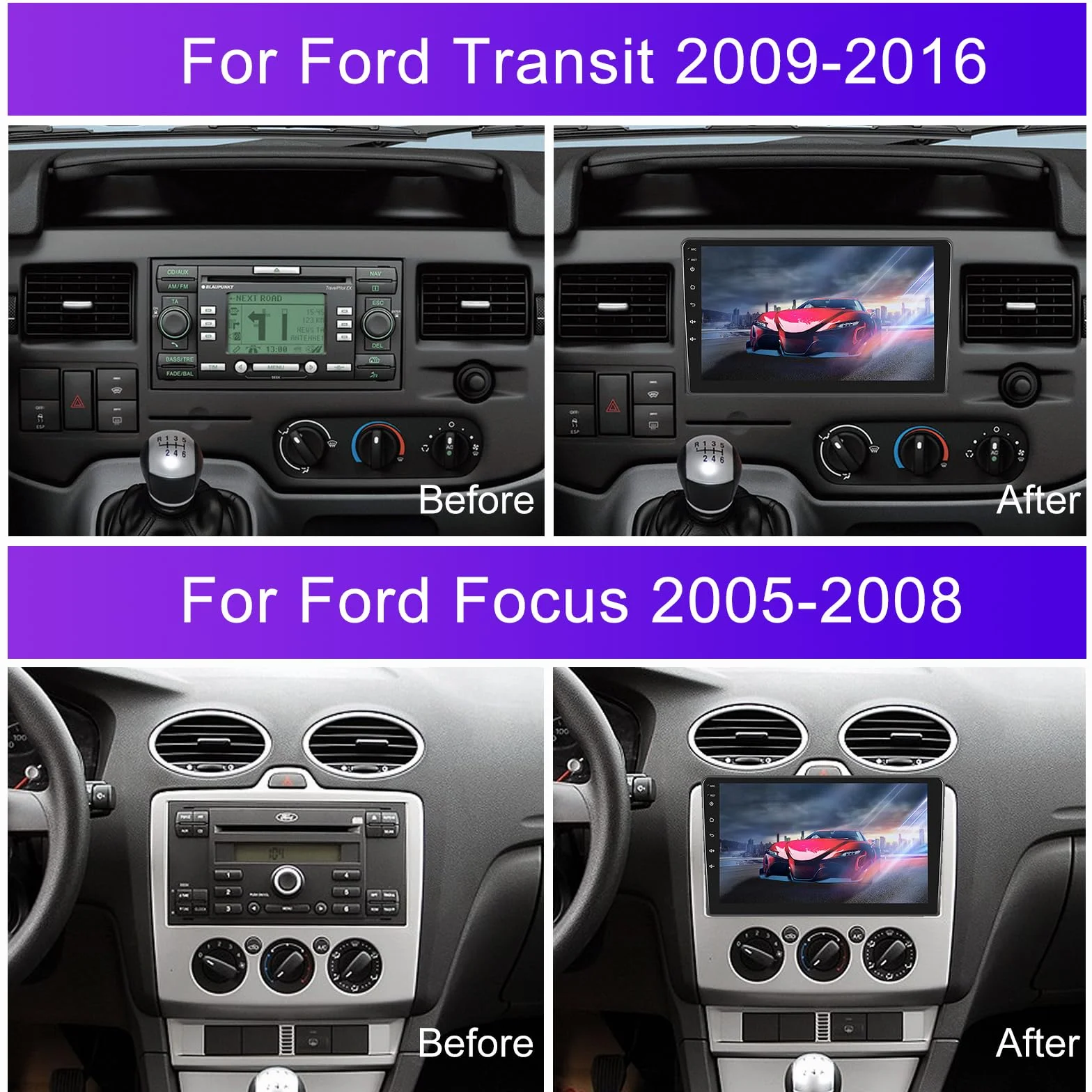 2 Din Android 15.0 Autoradio 9 Pollici HD per Ford Transit 2009-2016 e Ford Focus 2005-2008 - CarPlay Wireless, Android Auto Senza Fili, 4GB RAM + 128GB ROM, GPS Integrato