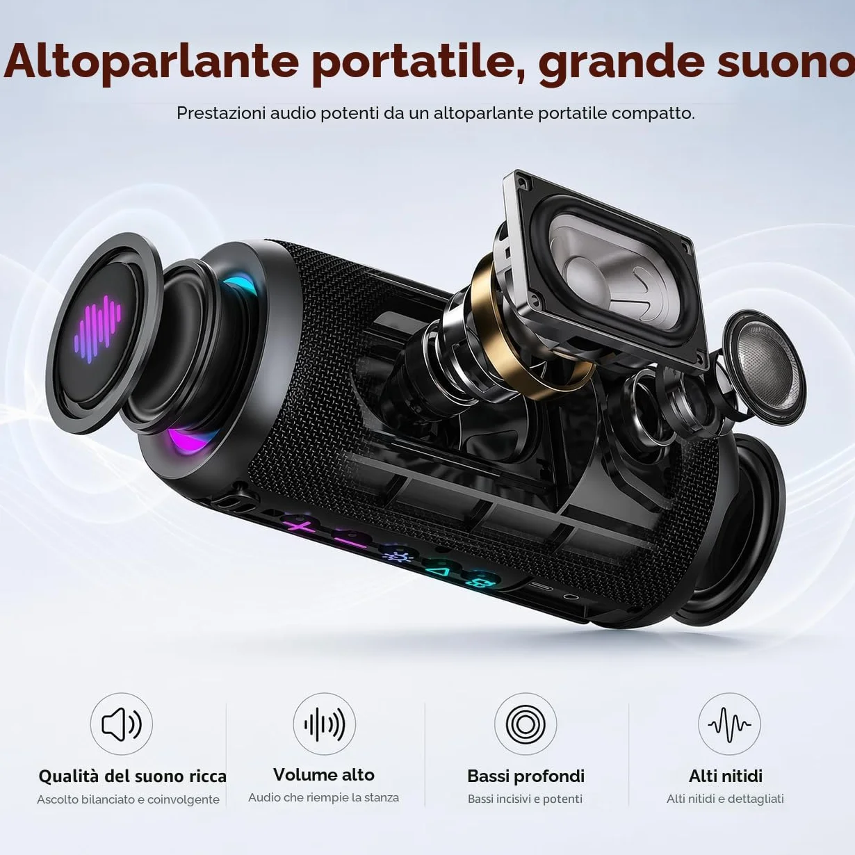 TIMU Cassa Bluetooth Portatile Potente, 25W Altoparlante Bluetooth 5.4 con 2 Modalità EQ, Basso Profondo, IPX7 Impermeabile Speaker, TWS, 24H di Autonomia, 8 Modalità RGB, Supporto AUX/TF