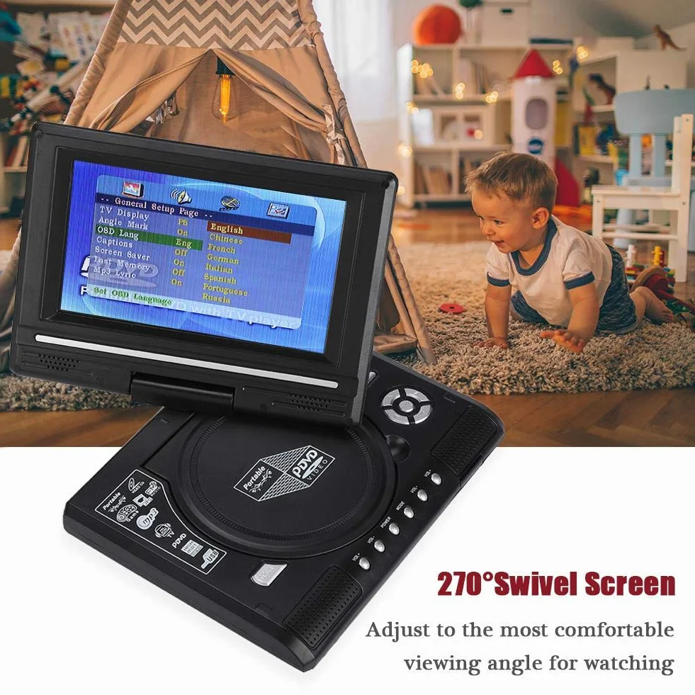 Lettore portatile, 7,8 Pollici Lettore DVD Portatile con 800 mAh Batteria Ricaricabile, 270 Gradi Display Rotante Supporto Schede SD e USB, Radio FM Lettore DVD per Auto per Viaggi. (EU)