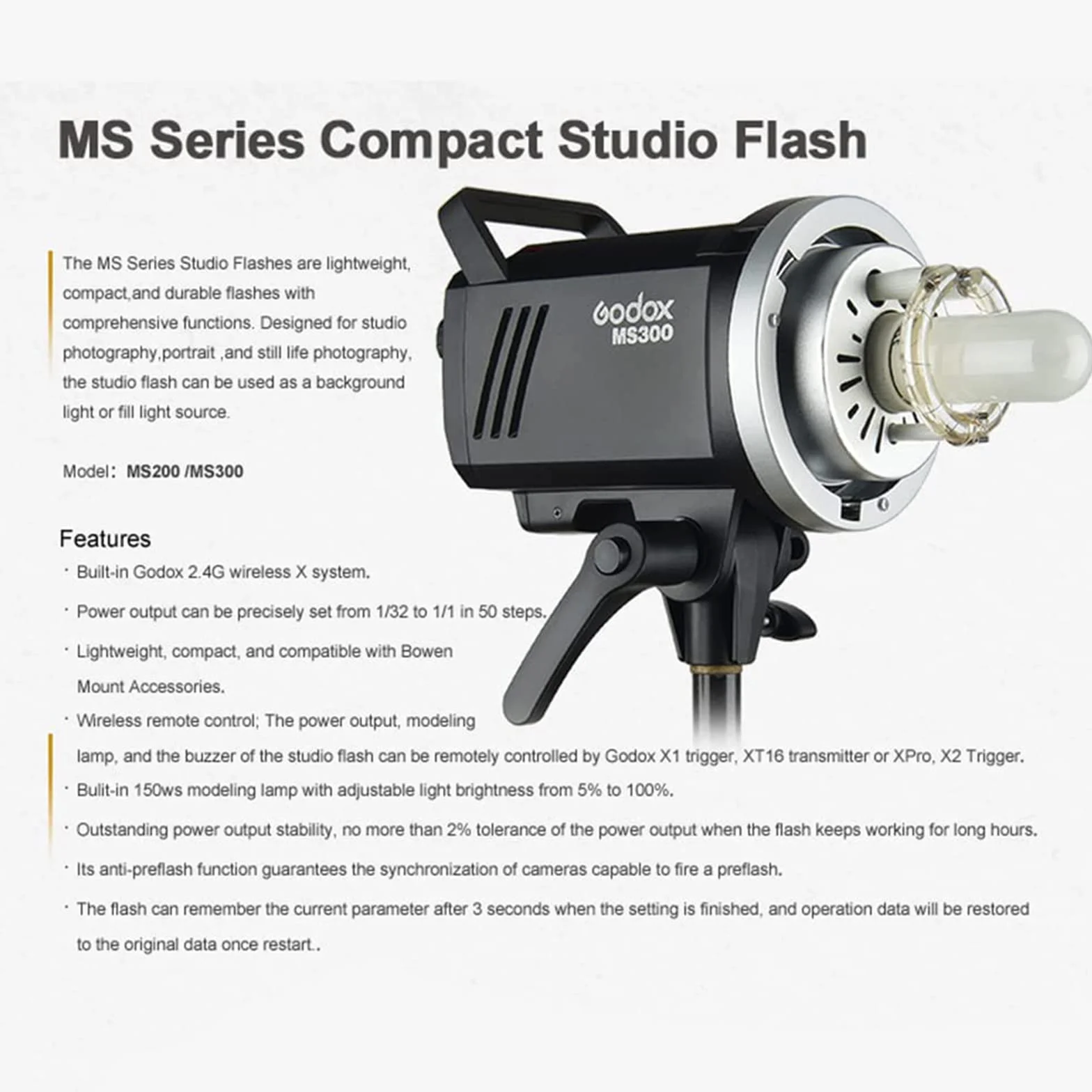 Godox MS300 Flash Stroboscopico da Studio da 300W GN58 0,1-1,3 s Tempo di Riciclo,Sistema 2,4G X,Lampada Pilota da 150W con Attacco Bowens per Riprese di Ritratti in Studio Fotografico
