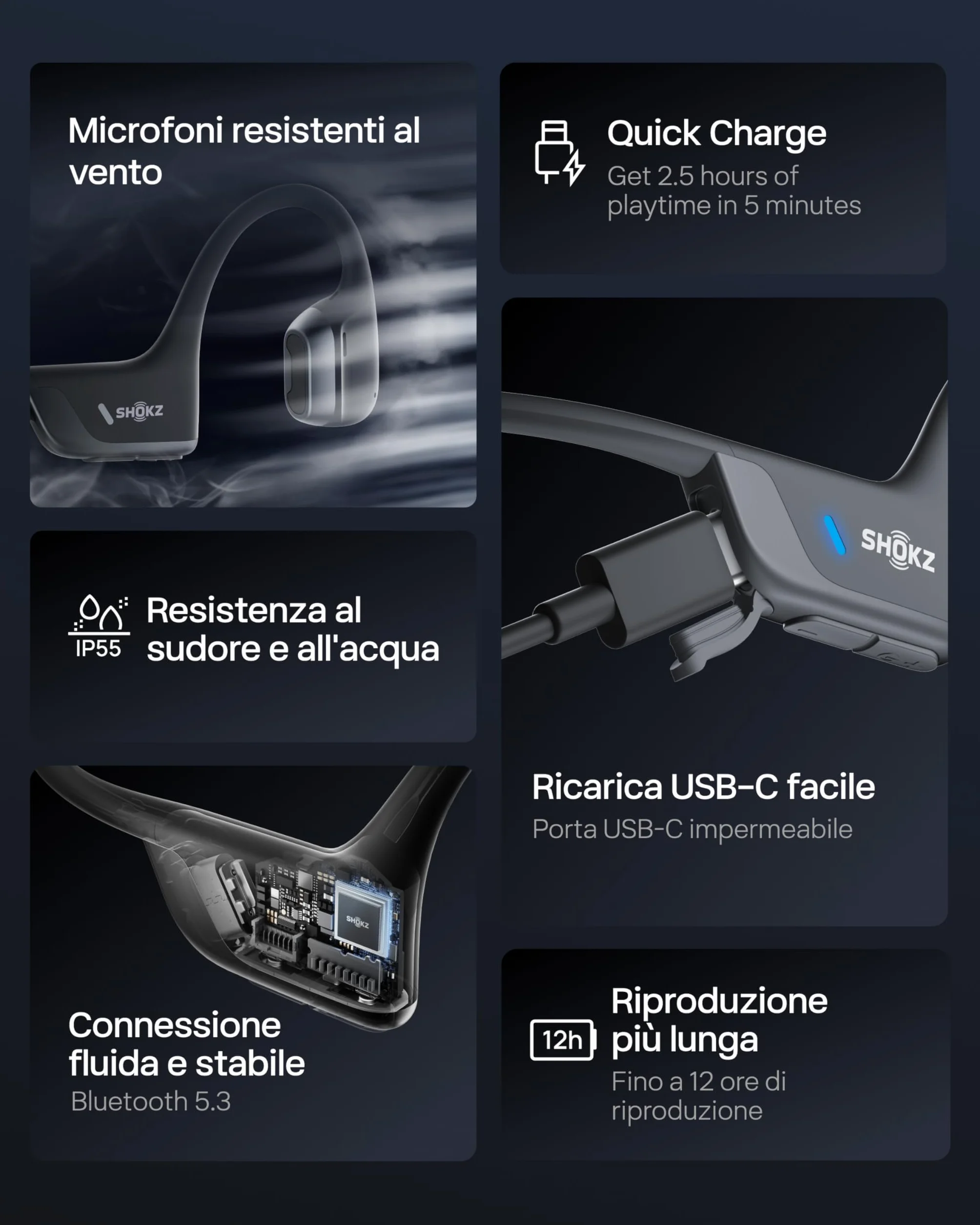 SHOKZ Cuffie Sportive OpenRun Pro 2 a Conduzione Ossea, Wireless Bluetooth 5.3, Microfoni con Cancellazione Rumore, Impermeabili IP55, 12 Ore Riproduzione, Ricarica Rapida USB-C, Nero