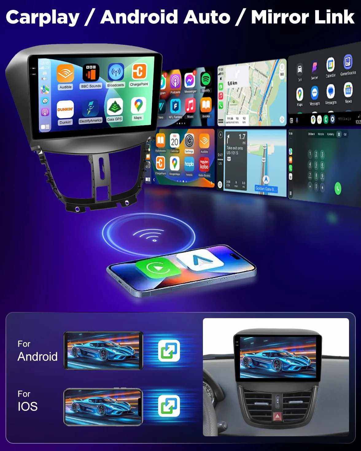 NHOPEEW 4+128G Android Autoradio per Peugeot 207 2006-2015 con Wireless Carplay e Android Auto - Schermo incell da 9 pollici Supporto WiFi GPS Comandi al volante + Telecamera di retromarcia, Canbus