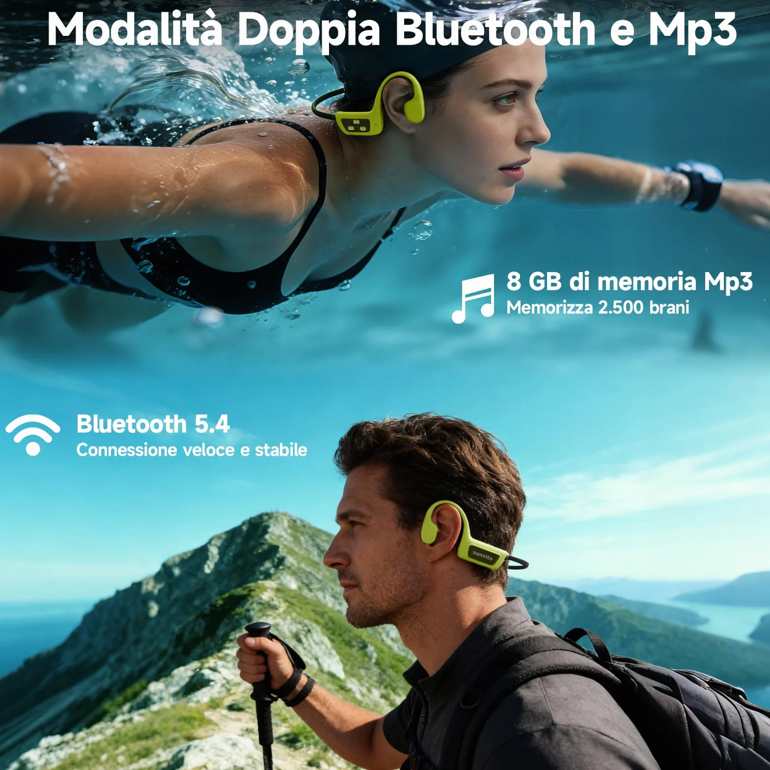 Cuffie a conduzione ossea per nuoto, Cuffie wireless impermeabili IPX8, Cuffie sportive aperte Bluetooth 5.4, Lettore MP3 integrato da 8GB, Adatte per palestra, ciclismo, Verde