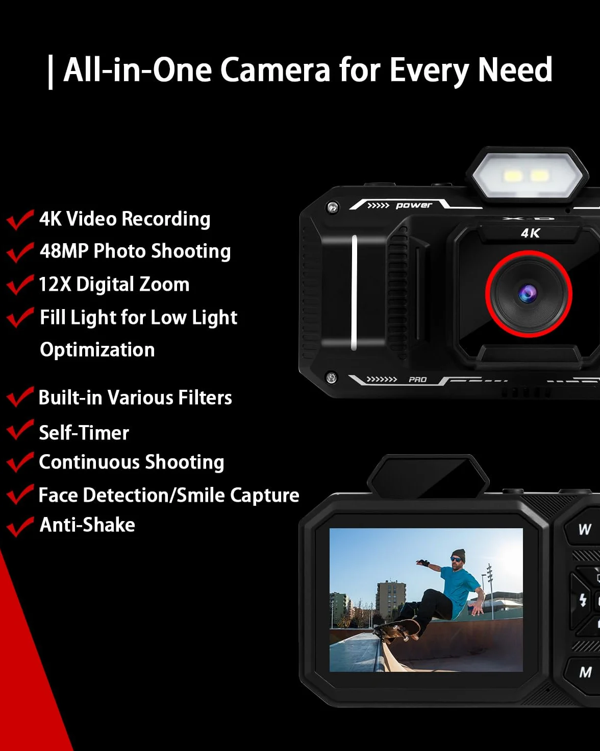 Macchina Fotografica Digitale, Bextgoo Fotocamera 4K per Vlog con Scheda da 64GB, Fotocamera con Autofocus da 48MP, Zoom 12X, Flash e Anti-Shake, Fotocamera Digitale Compatta per Adulti e Adolescenti