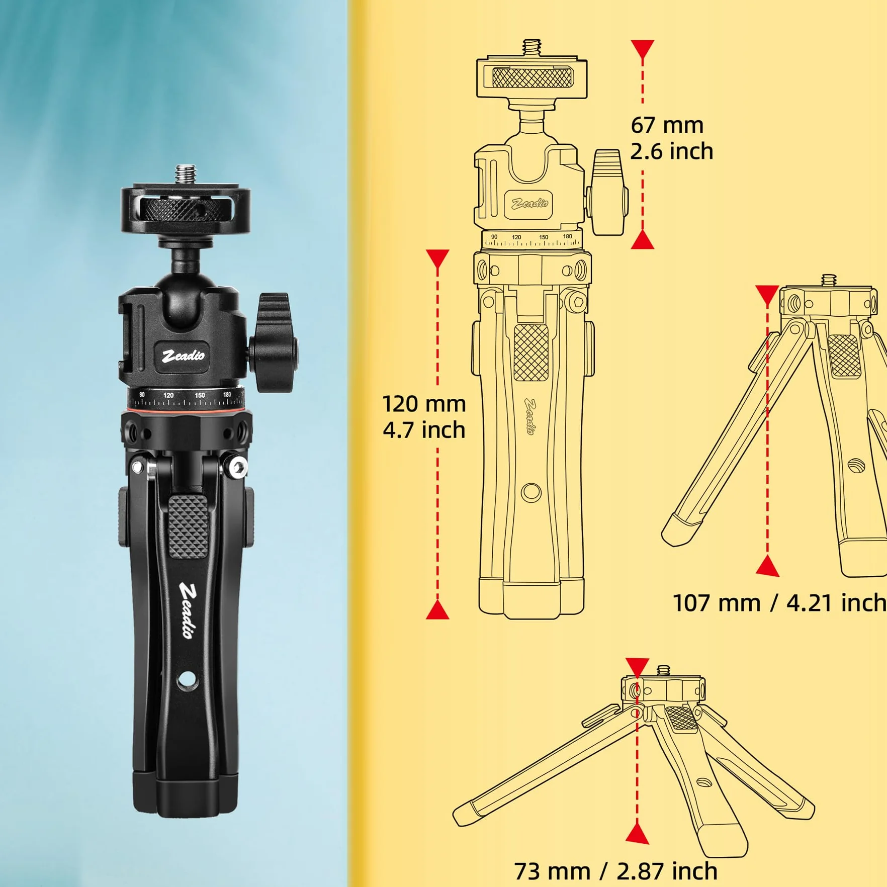 Zeadio Kit Treppiedi in Metallo Heavy Duty con Adattatore 1/4", Supporto per Telefono e Adattatore per Action Cam, Compatibile con iPhone/Android Fotocamera Gimbal Action Cam e altro