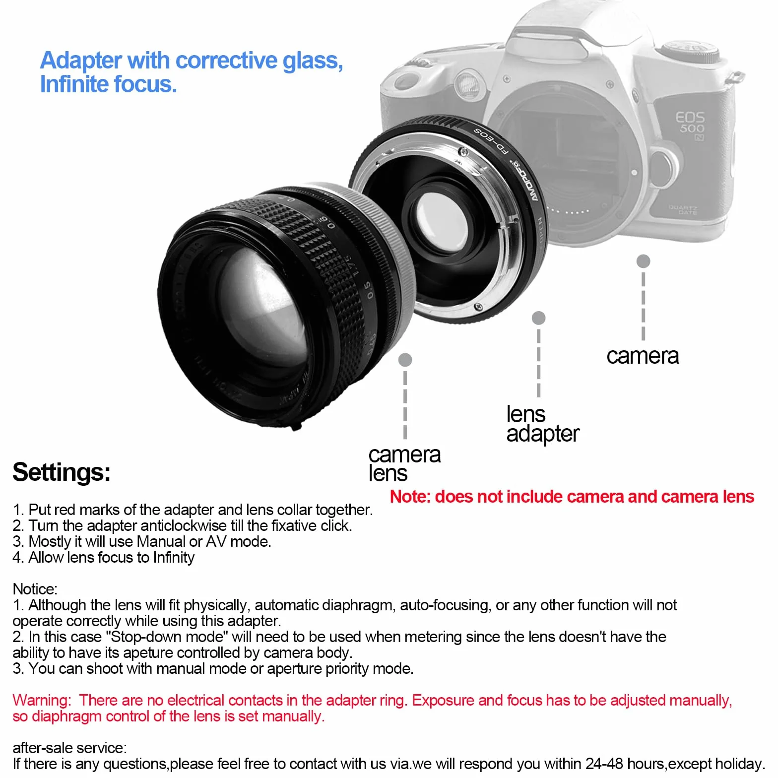 FD-EOS Adattatore per obiettivo per obiettivo Canon (FD/FL), compatibile con fotocamera EOS EF-S Mount 7D,10D,20D,30D, 40D,50D,60D, Rebel xt,T2i,T3,T3i,T4,400D,450D,1300D