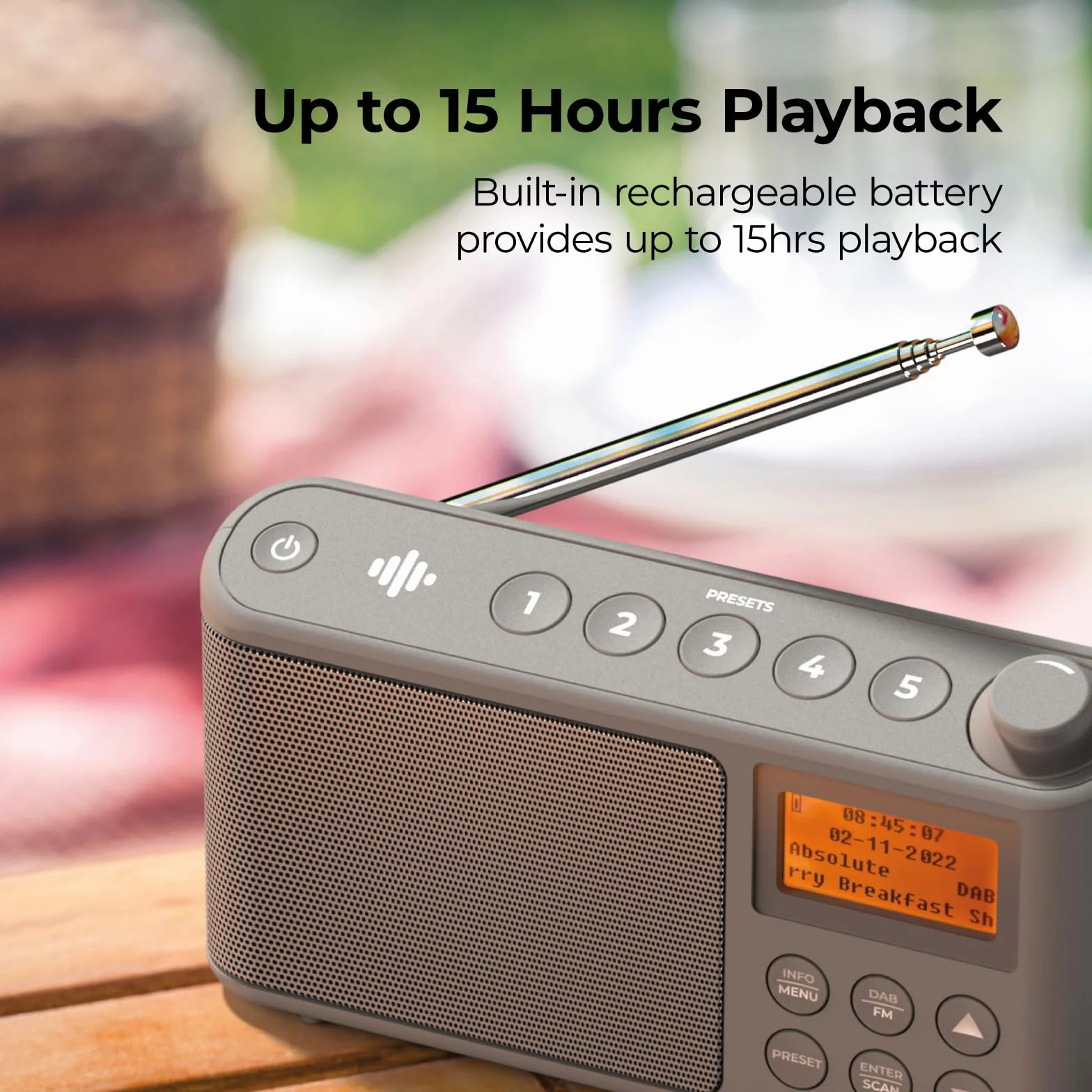 Radio DAB/DAB+ e FM, Radio Portatili Alimentata a Corrente e Batteria Ricaricabile, Radiolina Portatile con caricatore USB per un'autonomia di 15 ore (Grigio)