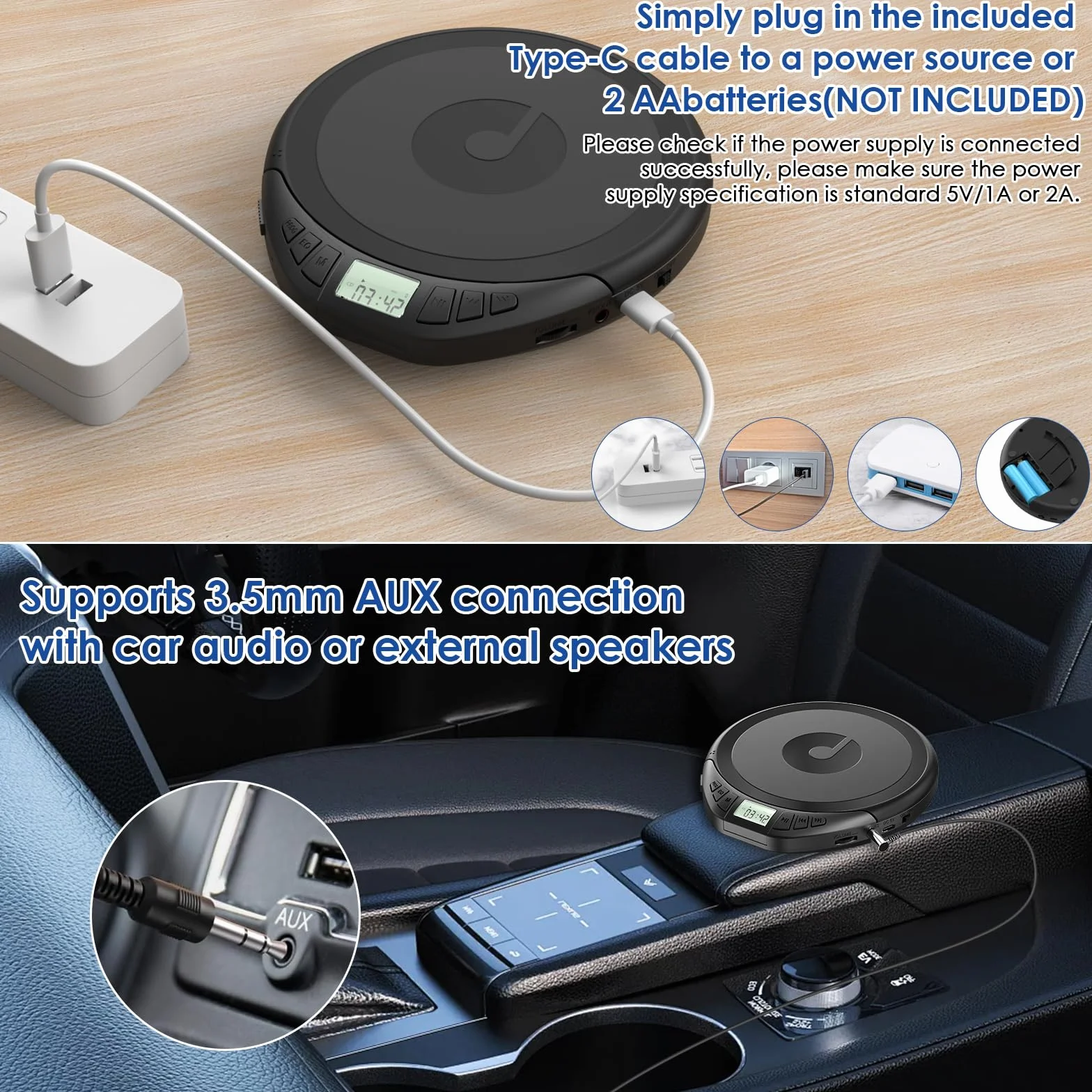 Gueray Lettore CD Portatile Hifi con Display Stereo Cuffie Supporto PROG ASP Memoria Ripetizione Effetto Sonoro