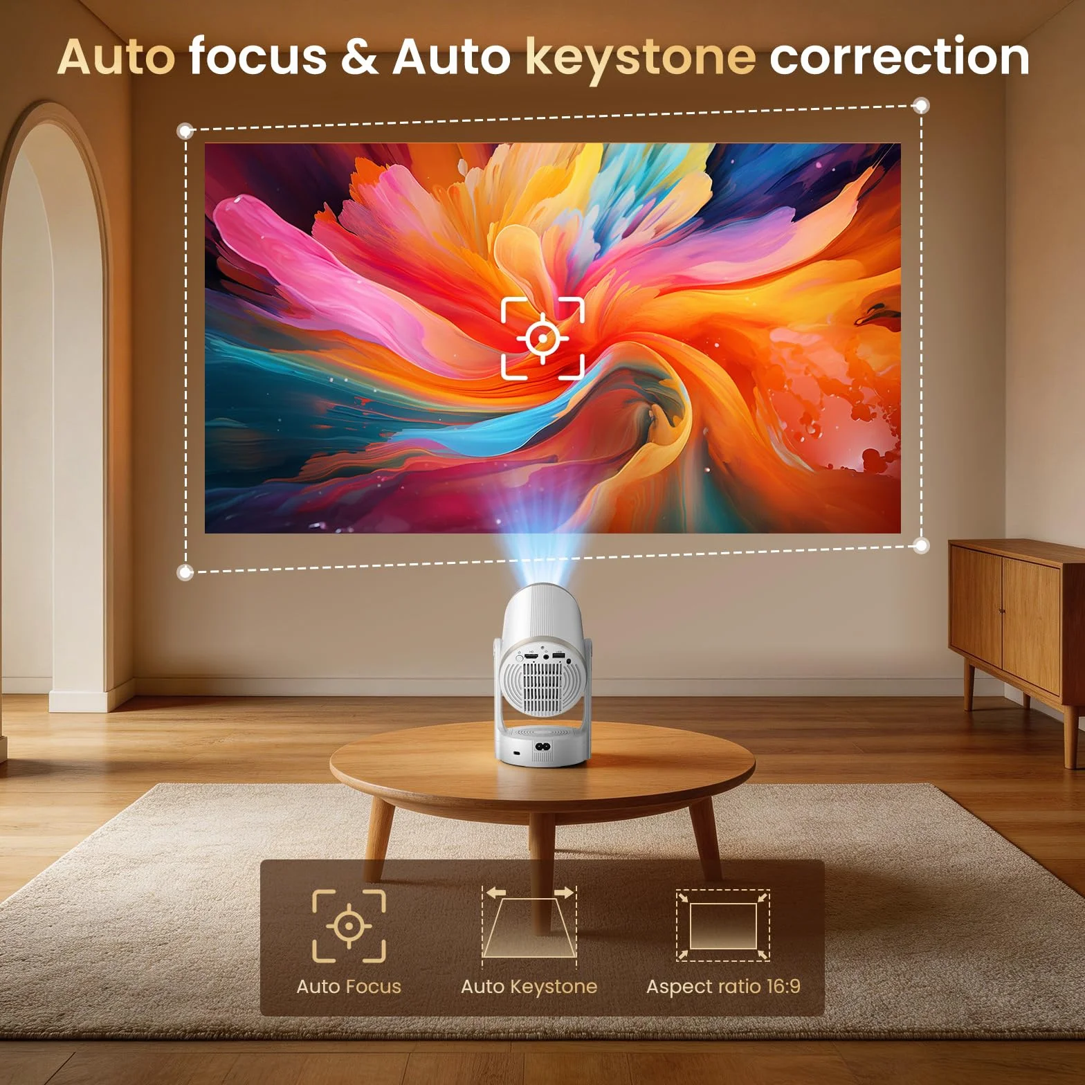 Proiettore Portatile Supporto 4K 1080P, Mini Proiettore Android 12.0 WiFi 6 Bluetooth 5.4, 260 ANSI Lumen, Auto Keystone e Zoom Regolabile, Rotazione a 180°, Schermo 30 a 200 Pollici per Home Cinema