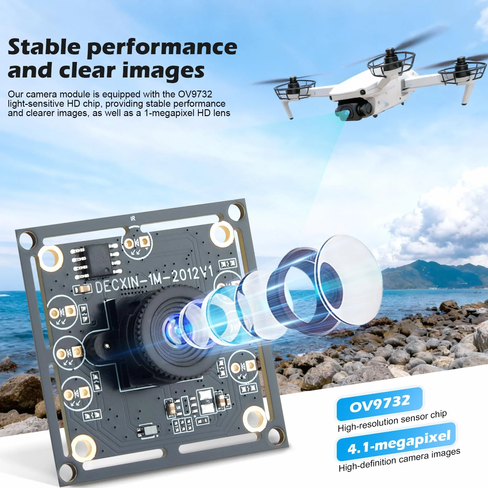 OV9732 - Modulo per fotocamera, USB, grandangolo 100°, 1280 x 720 30 FPS HD, compatibile con sistema per auto, cavo da 2 m, sensore di immagine trasparente per un tracciamento preciso del