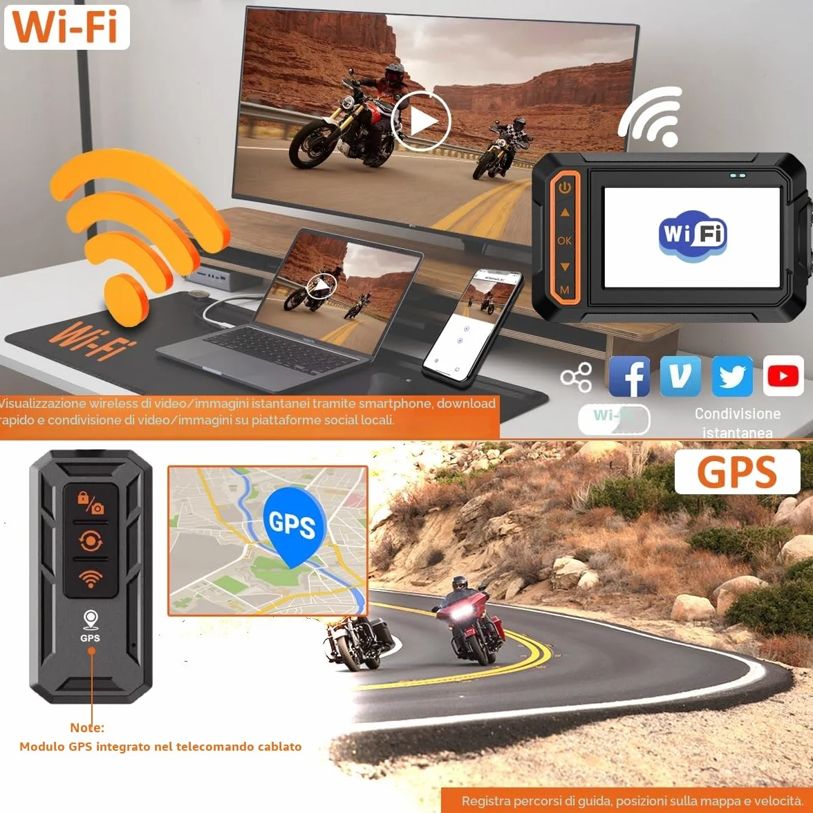 ydi Dash Cam Anteriore e Posteriore 1080P per Moto, Impermeabile Moto Doppia Grandangolare 155 Gradi Fotocamera con Schermo da 3 Pollici, Wi-Fi, GPS, Telecomando a Filo, Monitor di Parcheggio
