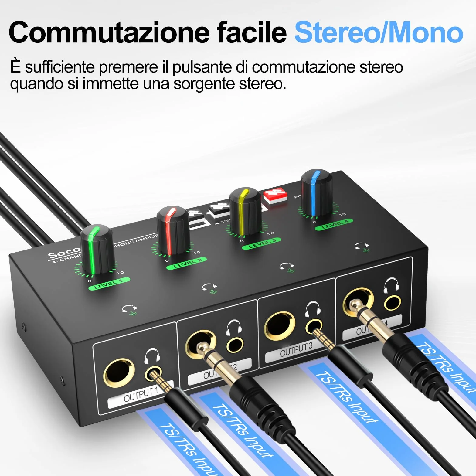 Amplificatore per Cuffie 4 Canali, Mixer Compatto in Metallo con 8 Uscite, Jack 3,5 mm/6,35 mm/RCA, Interruttore Stereo, Mute, Luce RGB