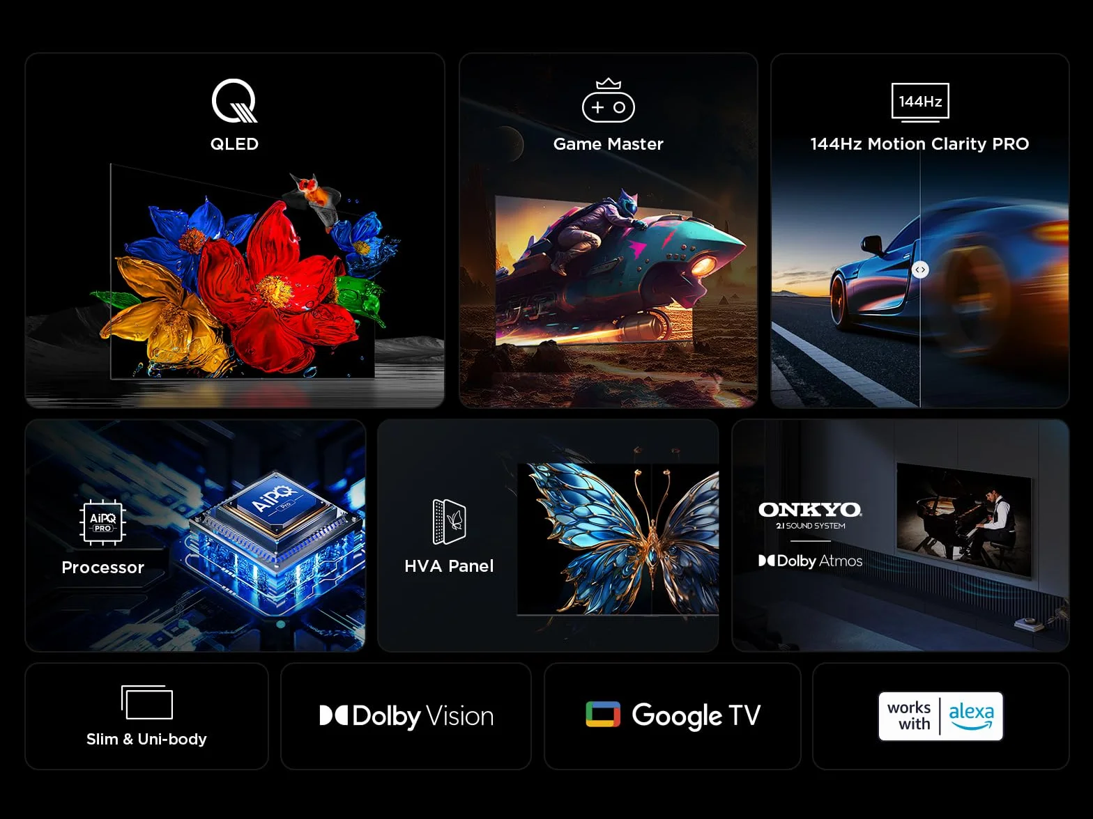 TCL 55T8C TV QLED 4K HDR Ultra HD 55", Google TV, Dolby Vision Atmos, Motion Clarity Pro 144 Hz, FreeSync, Onkyo 2.1