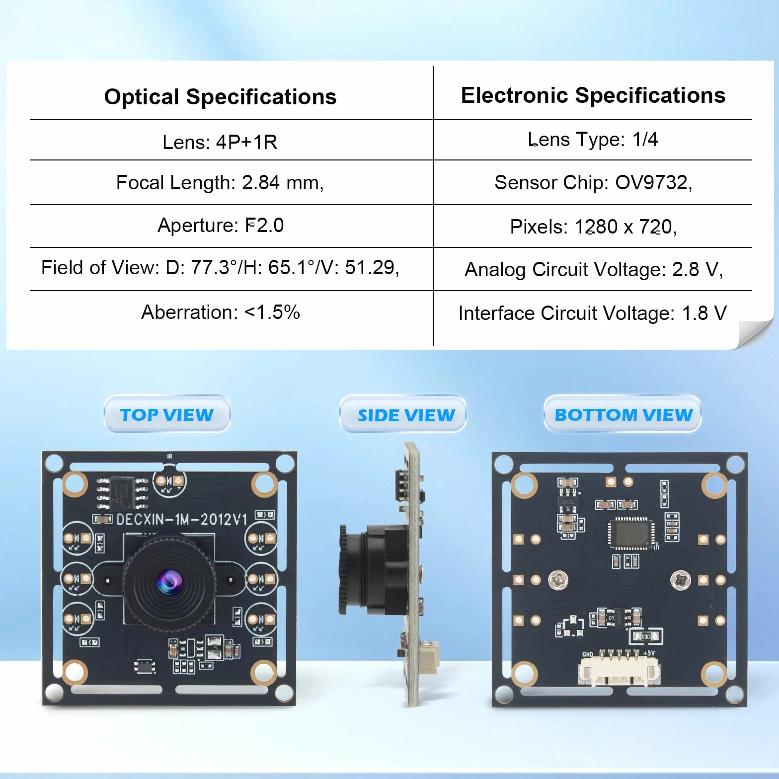 OV9732 - Modulo per fotocamera, USB, grandangolo 100°, 1280 x 720 30 FPS HD, compatibile con sistema per auto, cavo da 2 m, sensore di immagine trasparente per un tracciamento preciso del