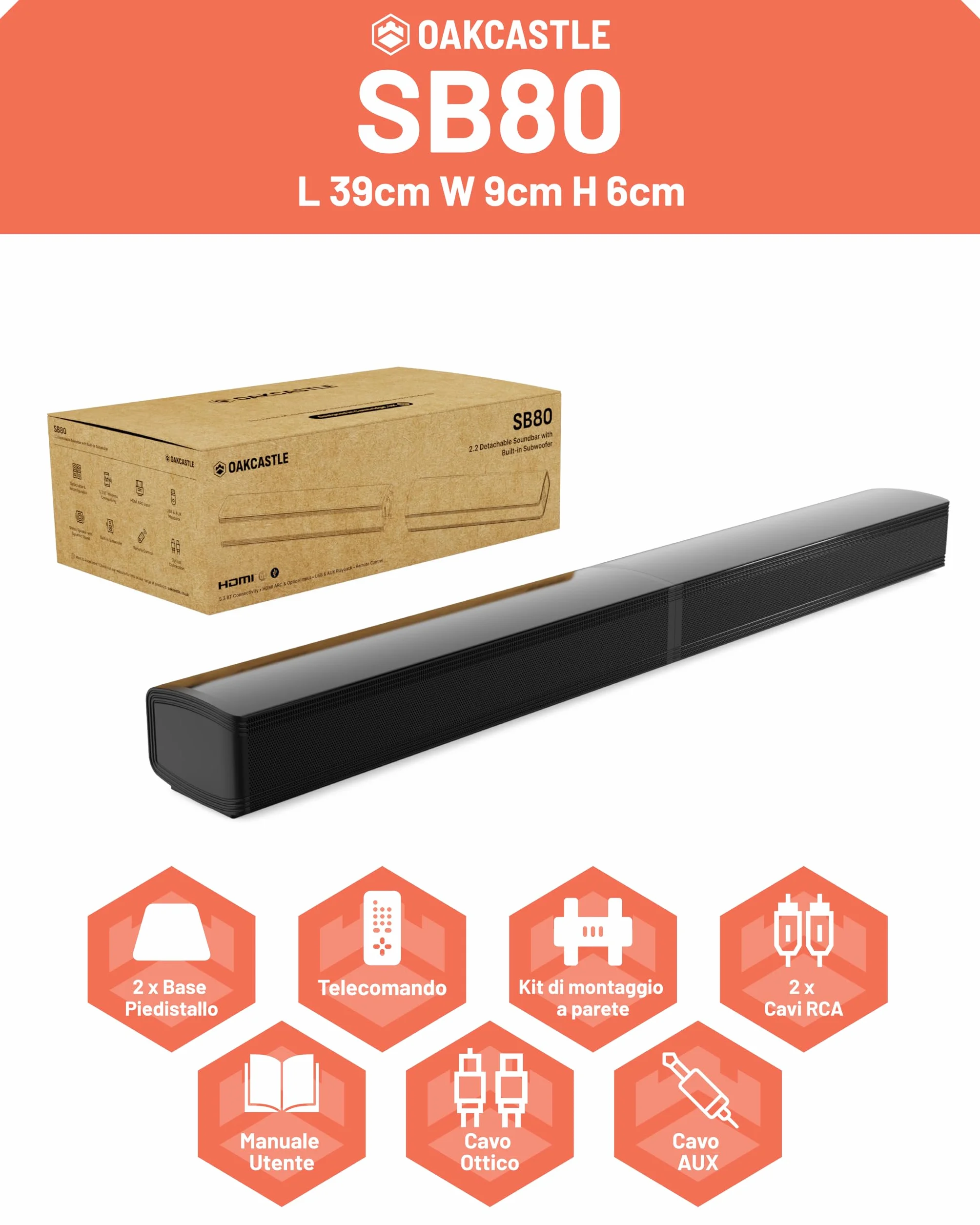 Oakcastle Soundbar Home Theater a 2 Vie Style | 120W Casse Altoparlanti 2.2 Cannali TV Surround Audio Monitor | Bluetooth, HDMI, RCA, AUX, Cavo Ottico Con Telecomando SB80