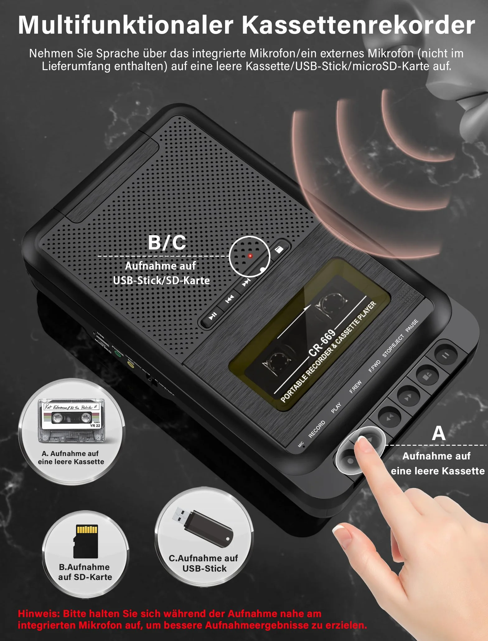 Lettore a cassette portatile con registrazione USB/SD e MP3, nero