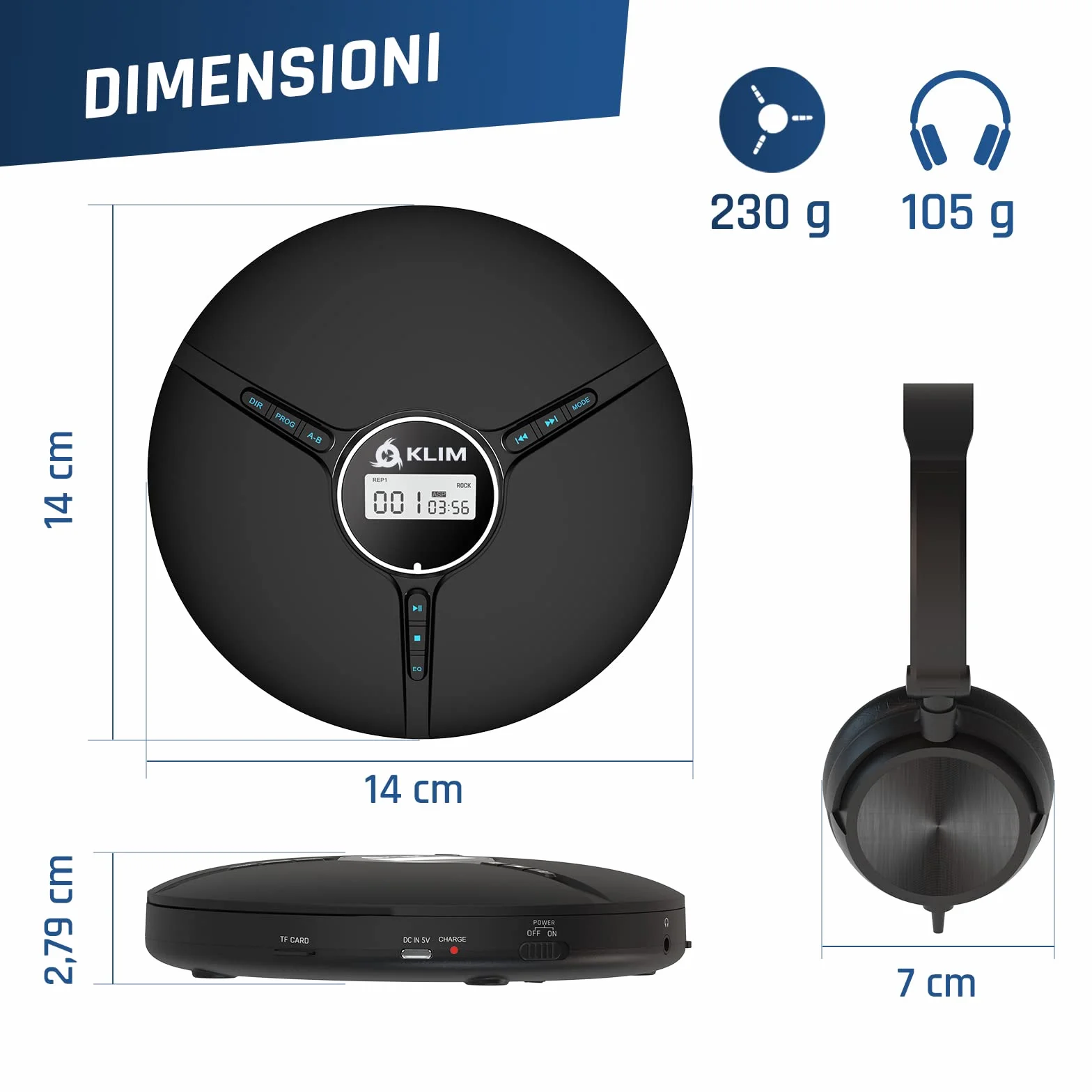 KLIM Discman Lettore CD Portatile con Cuffie e Batteria Ricaricabile CD-R CD-RW MP3