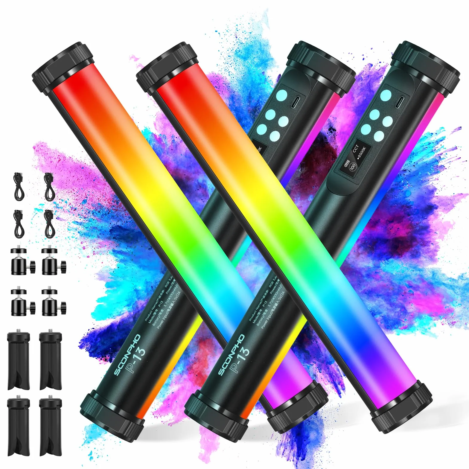 soonpho Soonpho 4Pack P13 RGB LED Luce Video Stick Tubo Luci a Mano Luce Video Tubo con Caricatore per Treppiede Colore Completo 12 Effetti Luce 3200K~8500K Illuminazione Fotografia per TikTok, Stream