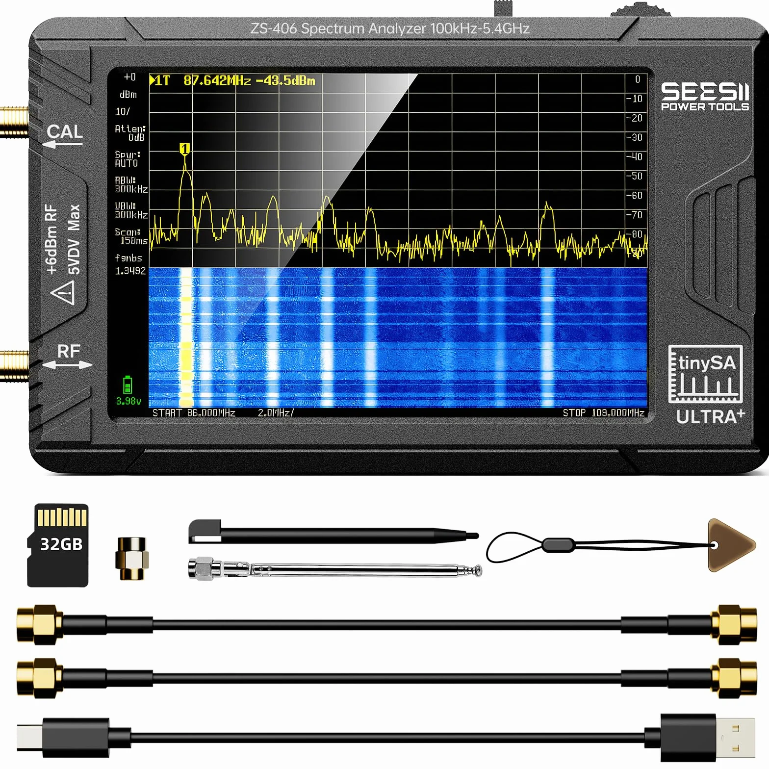 Seesii TinySA ULTRA+ ZS406 Analizzatore di Spettro, Analizzatore di Frequenza Portatile 4,0'' 100kHz-5,4GHz con Scheda di Memoria 32GB, 2 in 1 Generatore di Segnale 100kHz-800MHz MF/HF/VHF/UHF