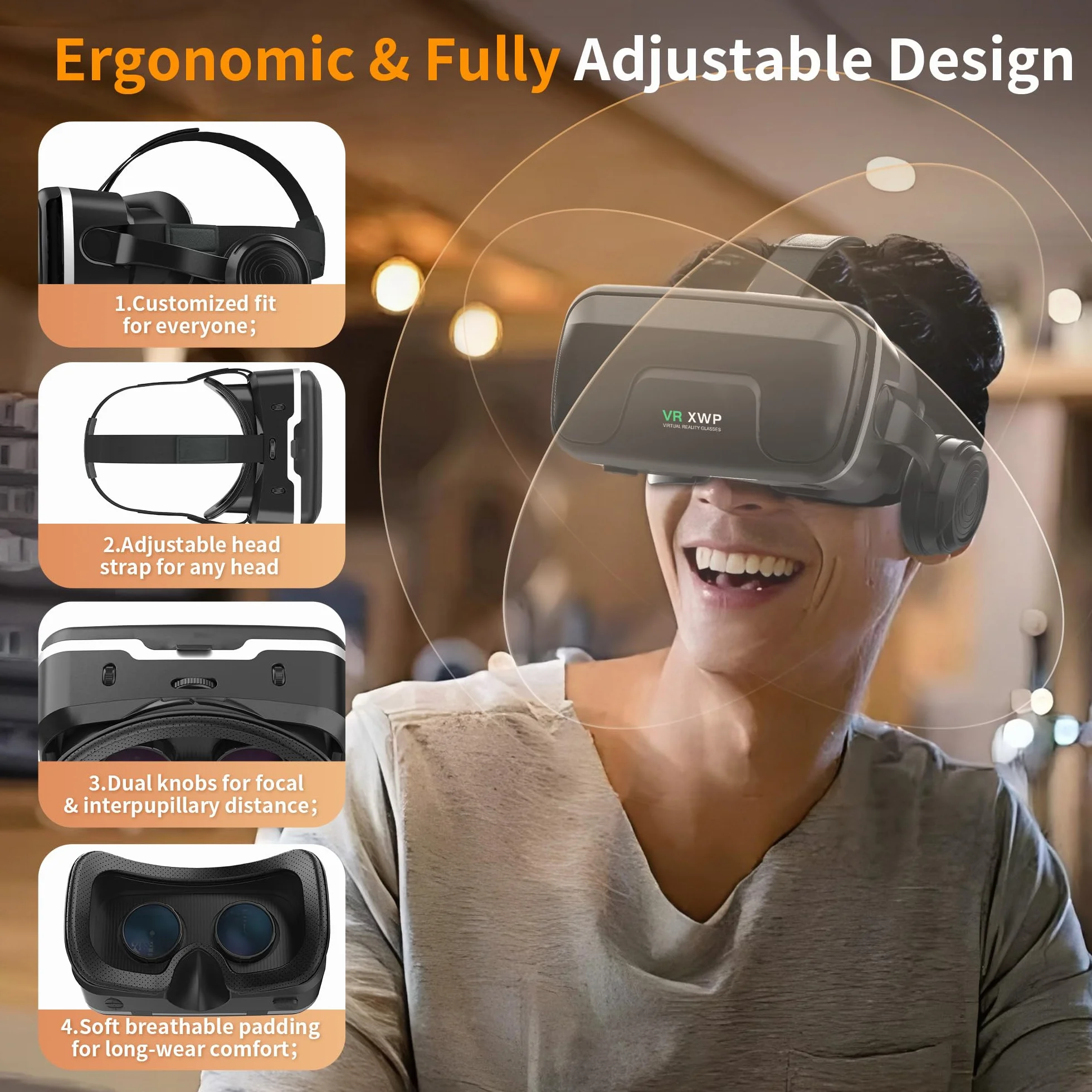 XWP Visore VR, Occhiali Per Realtà Virtuale 3D Con Cuffie, Compatibili Con iPhone & Android (4,7–7,2"), Con Lenti HD Anti Luce Blu, Per Giochi E Film, Regalo Di Compleanno Per Bambini E Famiglia