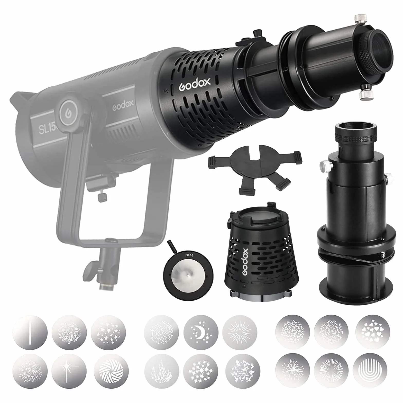 GODOX SA-17 Adattatore con accessorio di proiezione SA-P, diaframma SA-06, set di gobo SA-09-001/002/003, otturatore di inquadratura SA-07 per luce video a luce continua con attacco Bowens