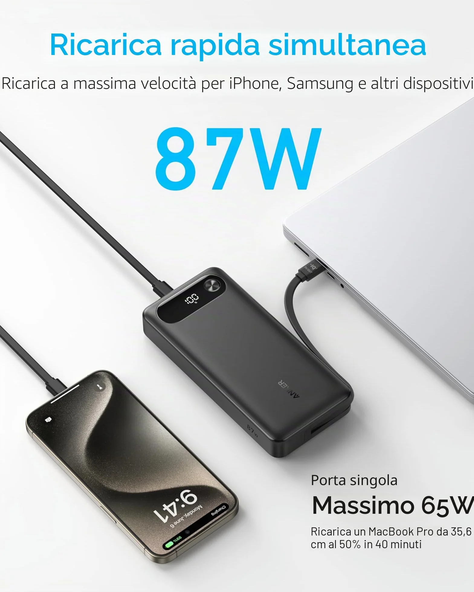 Anker Power Bank, Caricabatterie Portatile da 20.000 mAh, con Cavo USB C Integrato, Batteria a Ricarica Rapida 87 W, 2 USB-C e 1 USB-A, per MacBook, iPhone 17/16 Serie, Samsung, Switch, e Altro Ancora