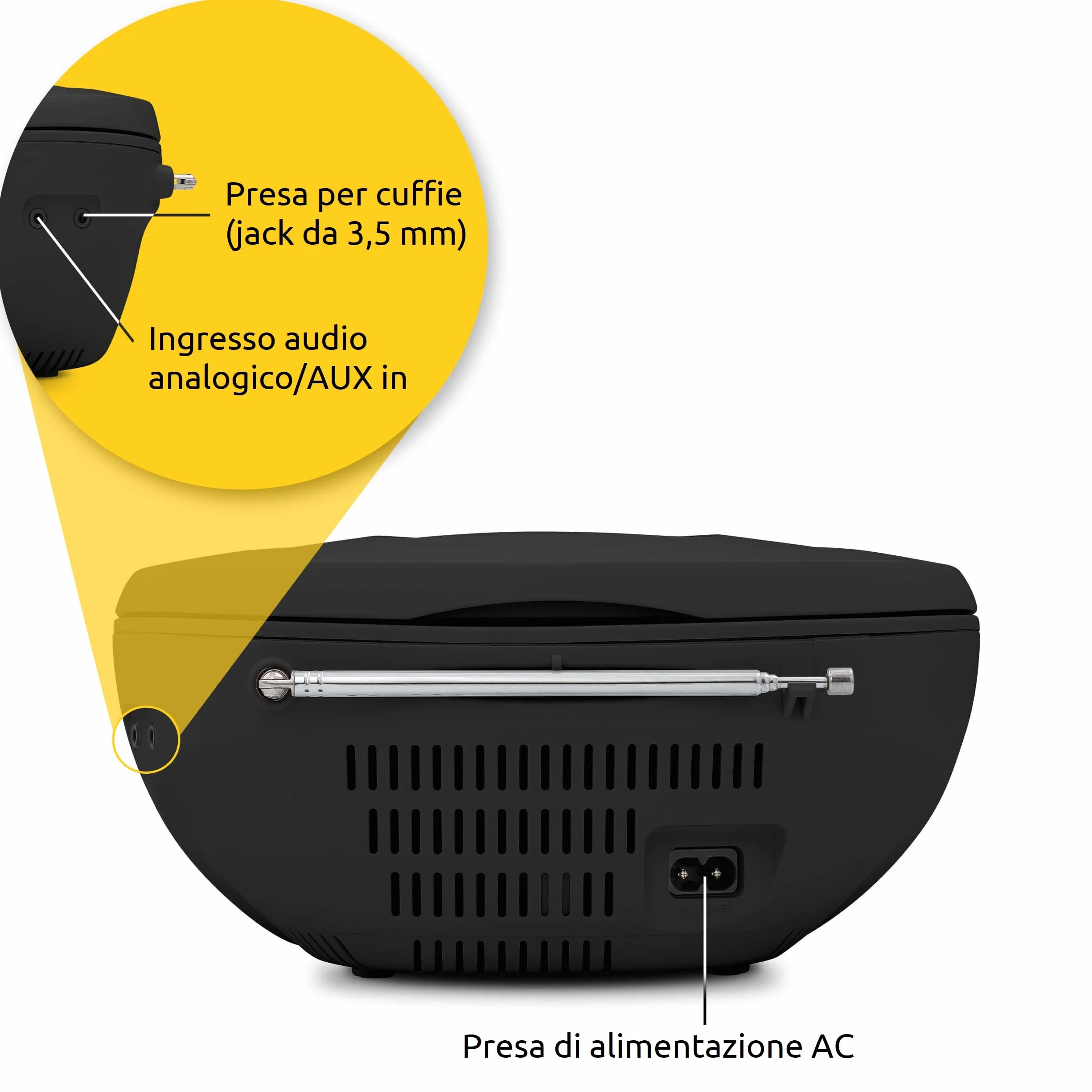 TechniSat VIOLA CD-1 - lettore CD stereo portatile con maniglia per il trasporto, boombox nera, sintonizzatore radio FM, ricezione Bluetooth, potenza di 2 x 1 W RMS, alimentazione a rete e a batteria