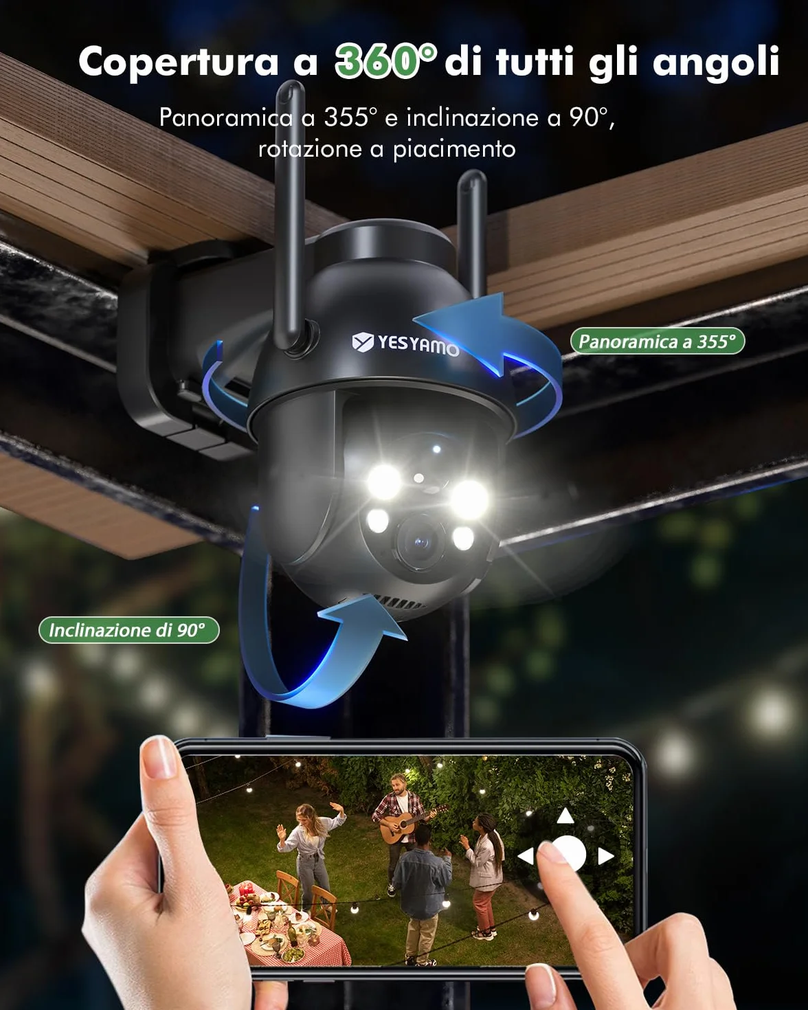 YESYAMO 2K Telecamera WiFi Esterno Senza Fili Pannello Solare, Videocamera Sorveglianza a Batteria 360° PTZ Visione Notturna Colori Audio Bidirezionale IP66