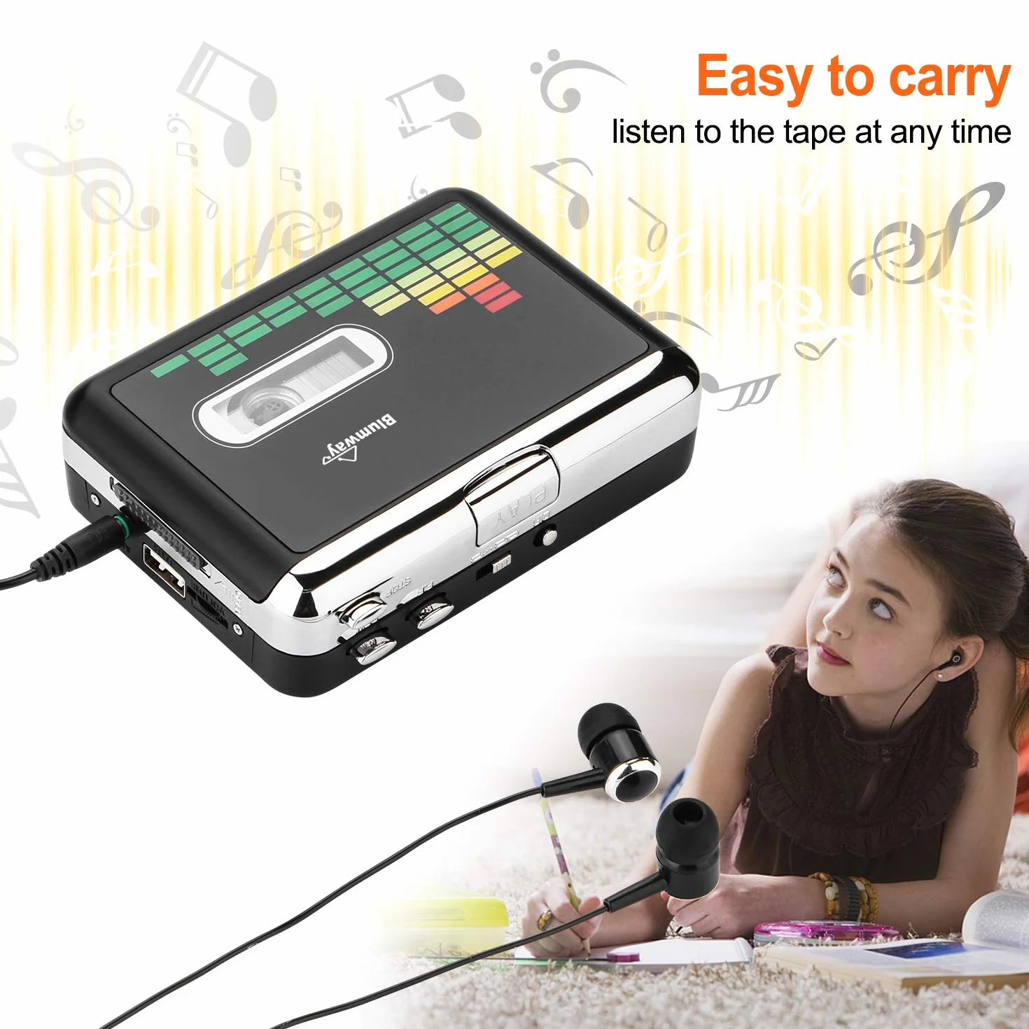 BlumWay Convertitore da cassette a MP3 tramite unità USB, convertitore di cassette digitale Audio Music Tape con auricolare