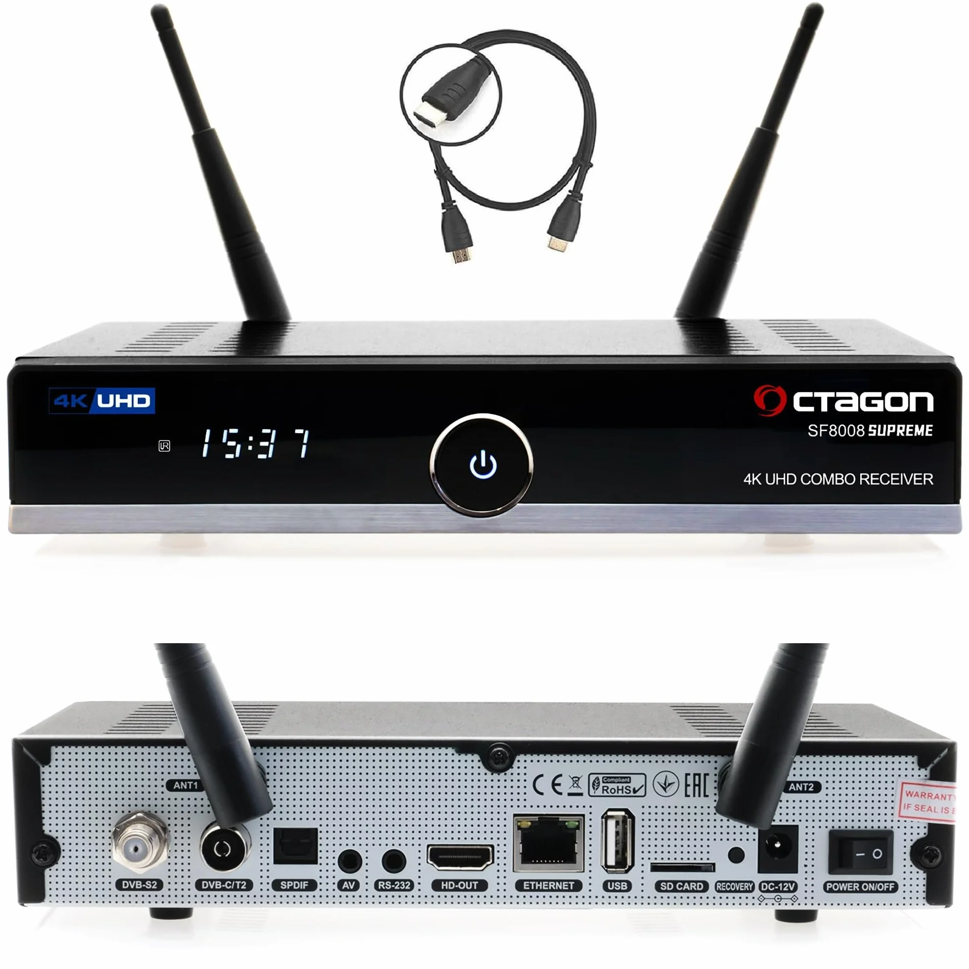 OCTAGON SF8008 UHD 4K Supreme Combo Ricevitore, cavo satellitare e ricevitore DVB-T2, E2 Linux & Define OS, con funzione di registrazione PVR, M.2 M Key, Gigabit LAN, Bluetooth, lettore di schede, SAT
