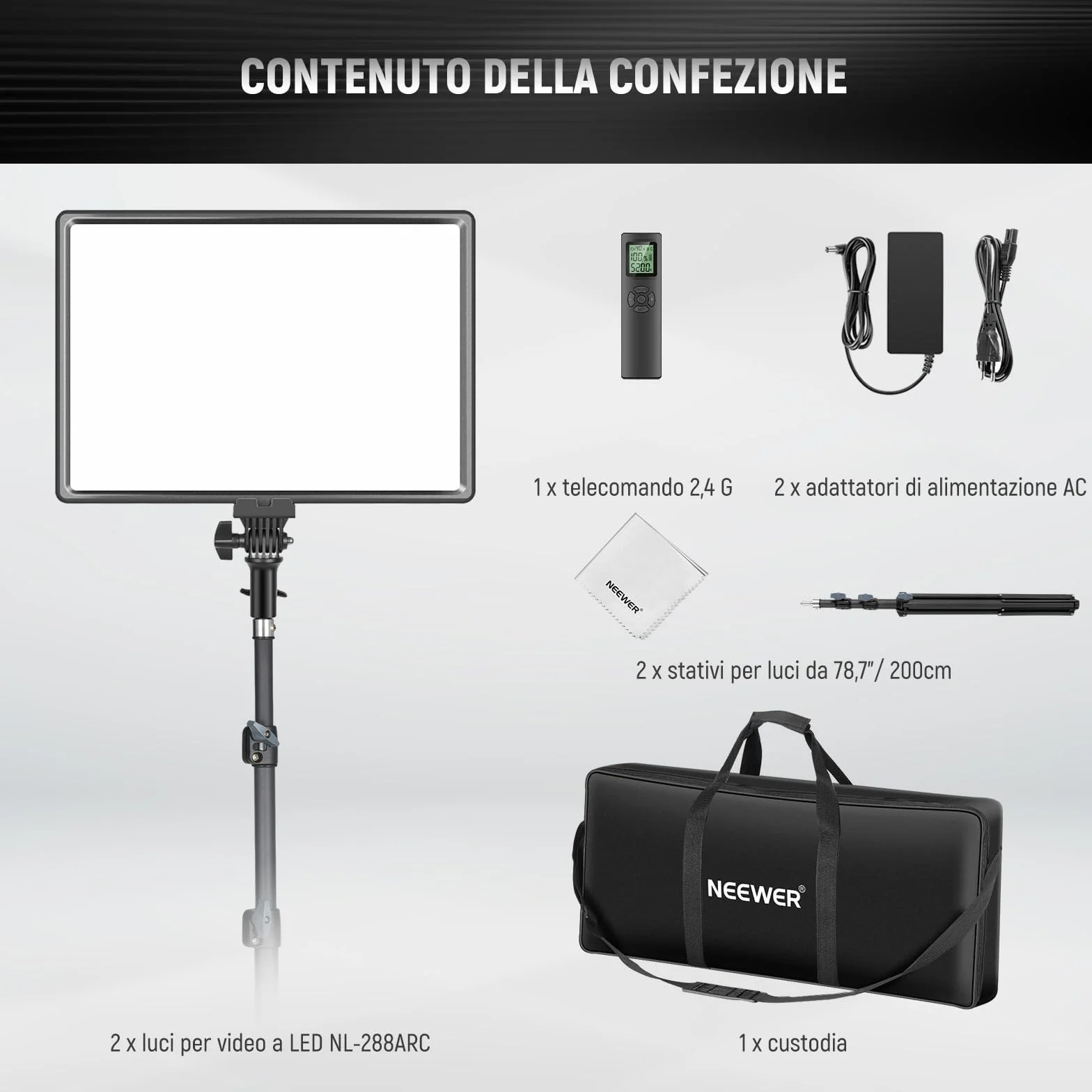 NEEWER Kit Illuminazione Fotografia di 18" Pannello Luce Video LED + Stativo Telecomando Panno Pulizia, 2pz Key Light 45W Dimmerabile Bicolore da Studio 3200K-5600K CRI97+ 4800Lx per Streaming Riprese
