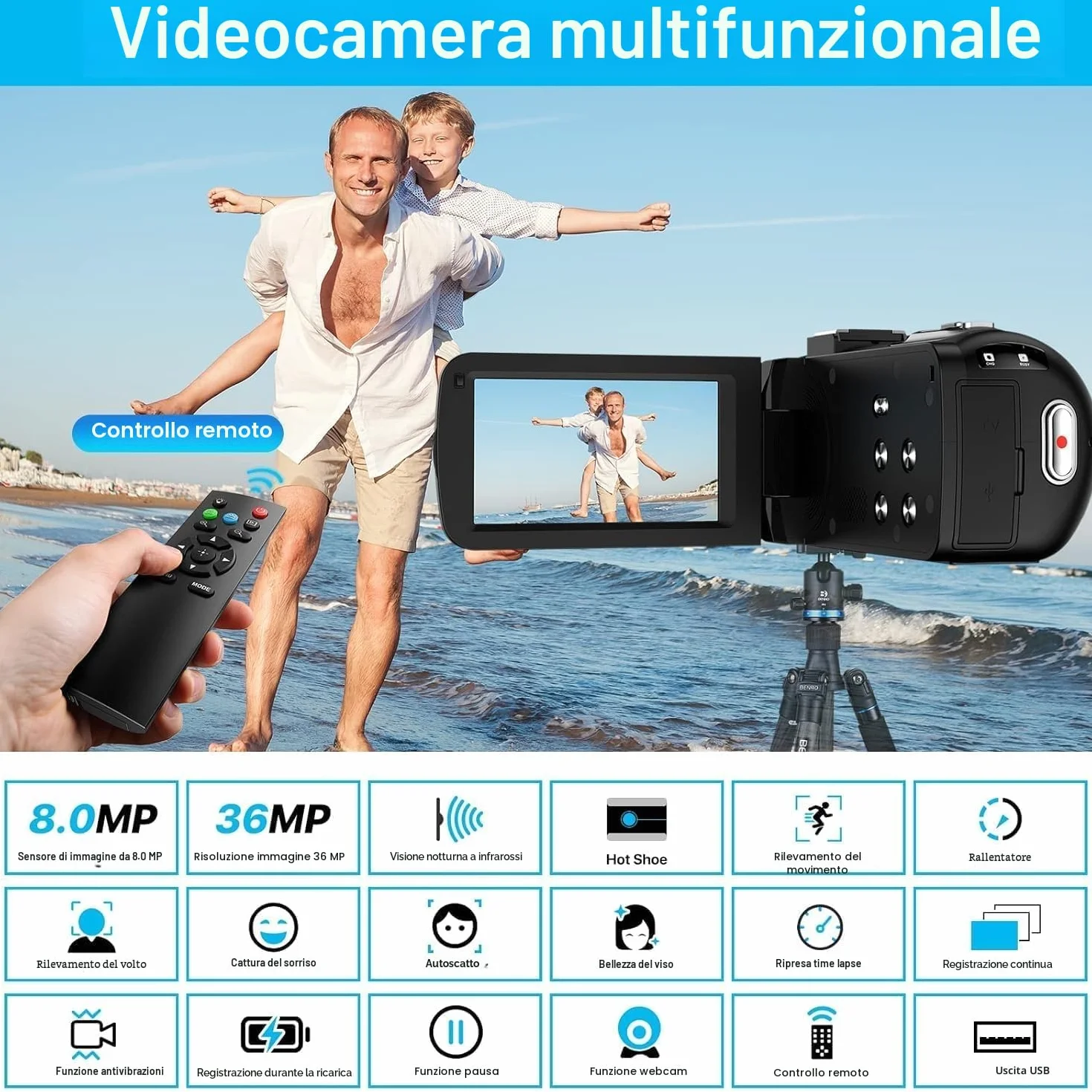 IXNAIQY Videocamera Digitale 1080P Camcorder FHD 30FPS 36MP Vlogging Camera per Youtube IR Visione Notturna, 16X Zoom Digitale, 3.0" IPS Schermo Video Camera con Telecomando 2 Batterie