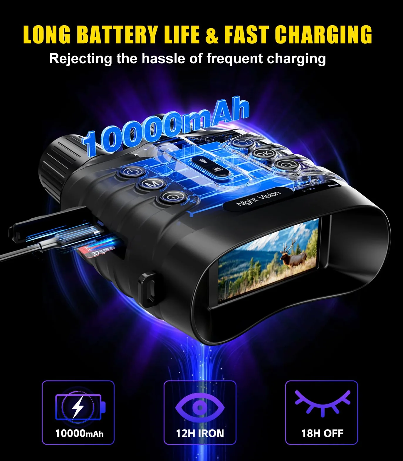 Dispositivo di visione notturna 4 K, 48 MP, 10000 mAh, ricaricabile, f/1,4, grande apertura a infrarossi, visione notturna, visione 500 m/1640 FT,8 X zoom digitale con scheda TF da 32 GB