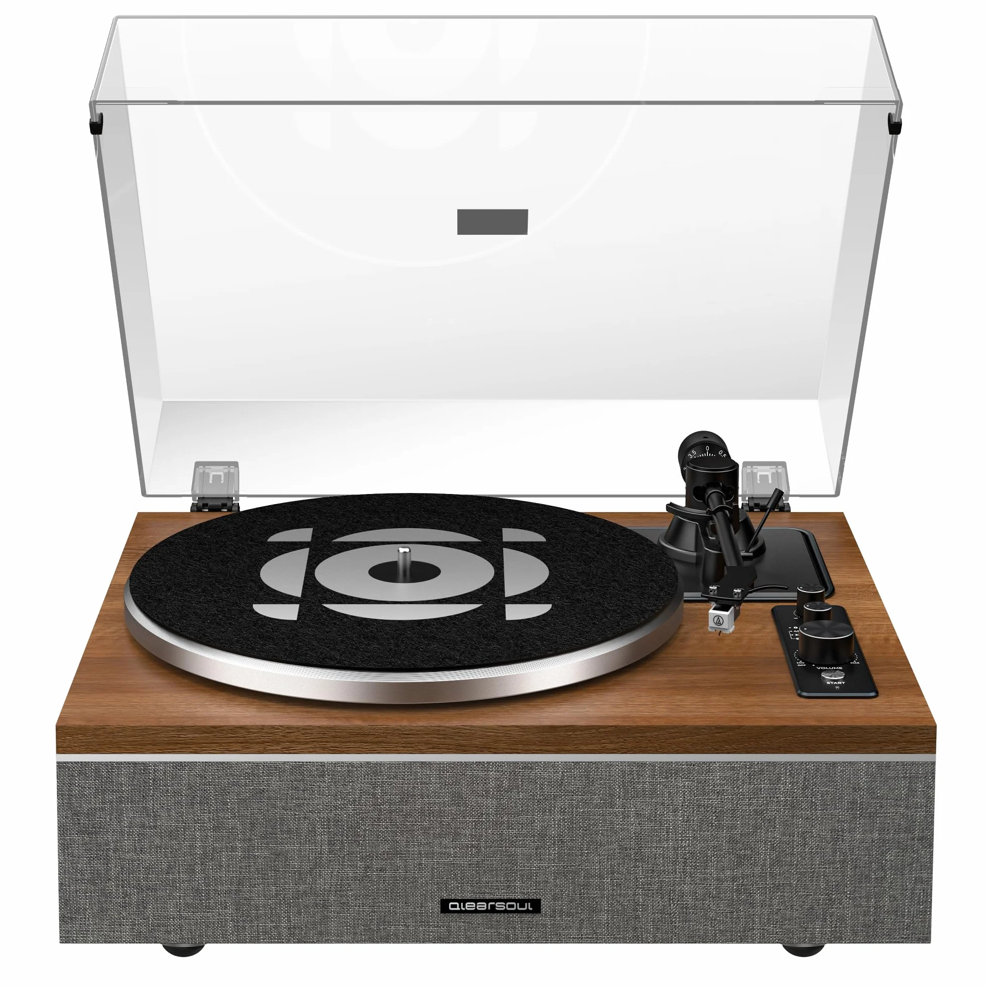 Giradischi Qlearsoul ONE-S Tutto-in-Uno con Altoparlanti Integrati DSP, Giradischi Vintage Bluetooth Ingresso/Uscita, Preamplificatore Phono, Puntina AT-3600L, 33/45 Giri (Noce)