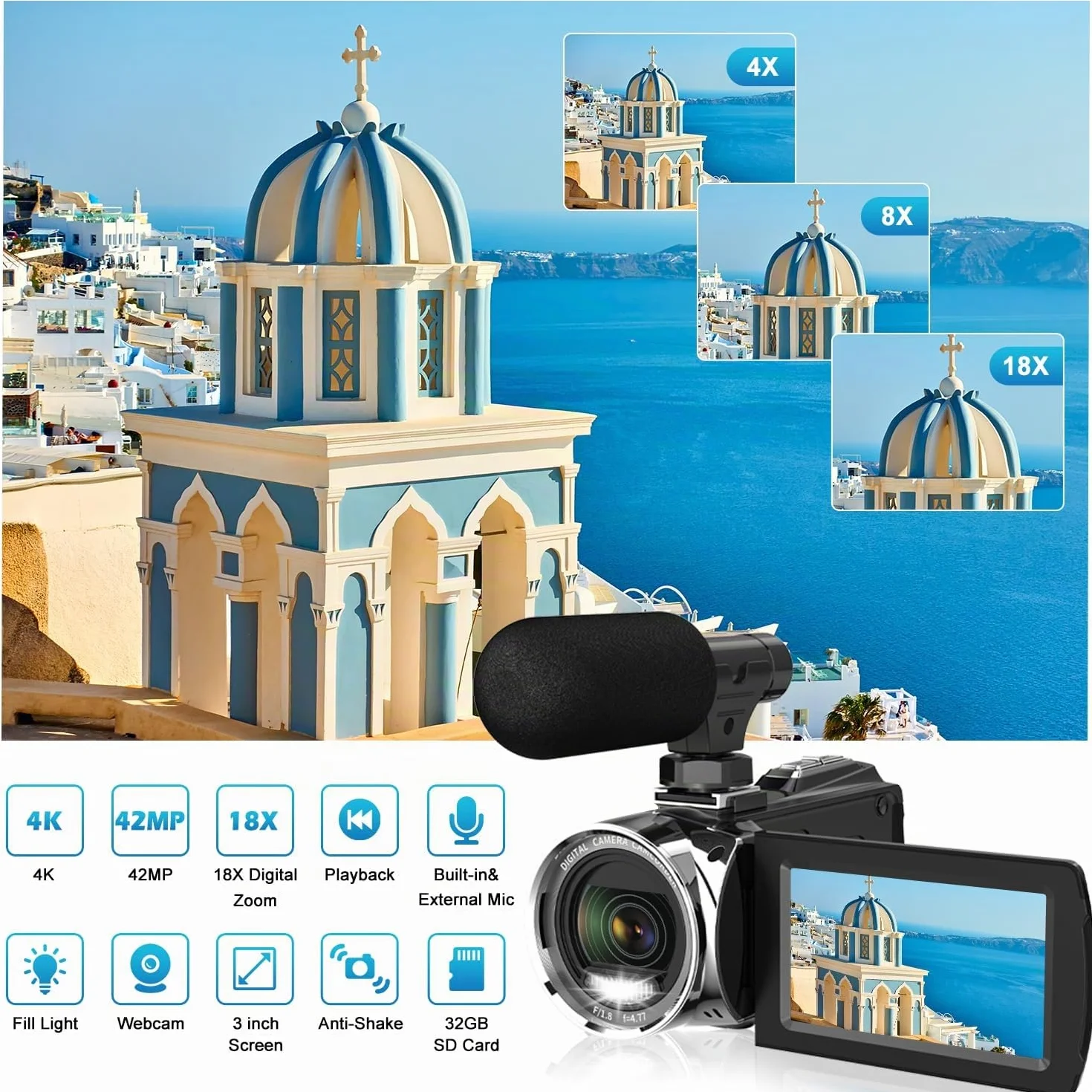 Videocamera FHD 48MP 4K per YouTube, 18X Zoom Digitale, Schermo IPS 3.0” con Rotazione 270 Gradi, Inclusa Scheda Memoria SD da 32GB