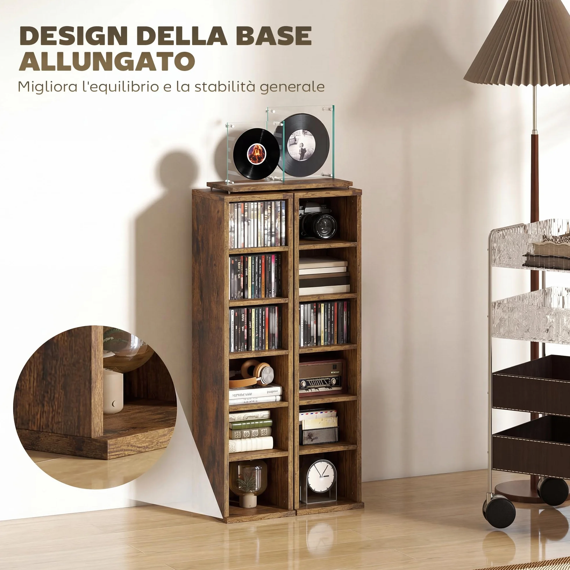 HOMCOM Scaffale Porta CD 2 Pezzi a 6 Ripiani, Scaffale Libreria in Legno per 204 CD ad Altezza Regolabile, 21x22.5x88.5 cm, Marrone Rustico