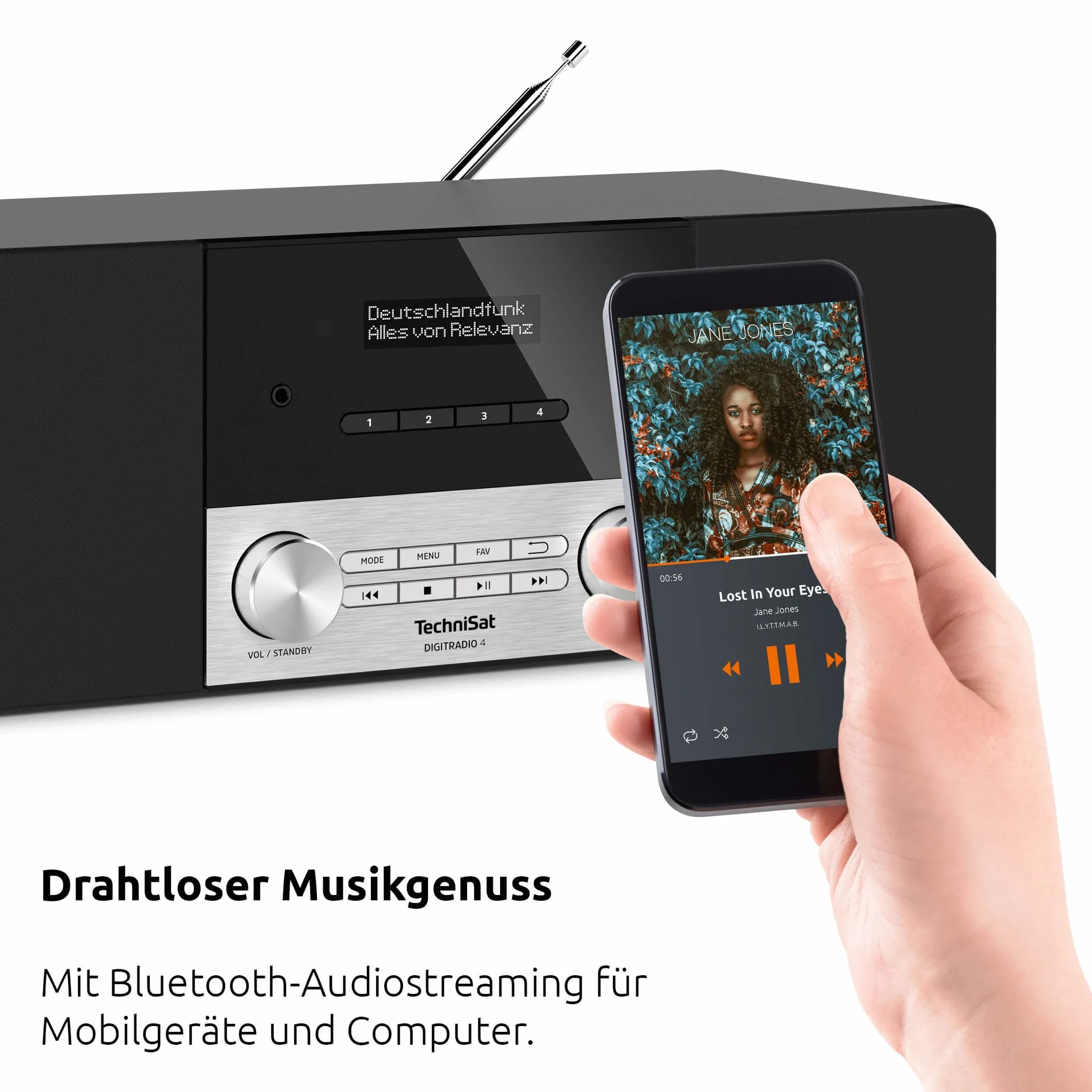 TechniSat DIGITRADIO 4 - Radio Stereo DAB (DAB+, FM, streaming audio Bluetooth (ricezione), connessione cuffie, ingresso AUX, sveglia radio, display OLED, 20 Watt RMS, altoparlanti Elac) nero