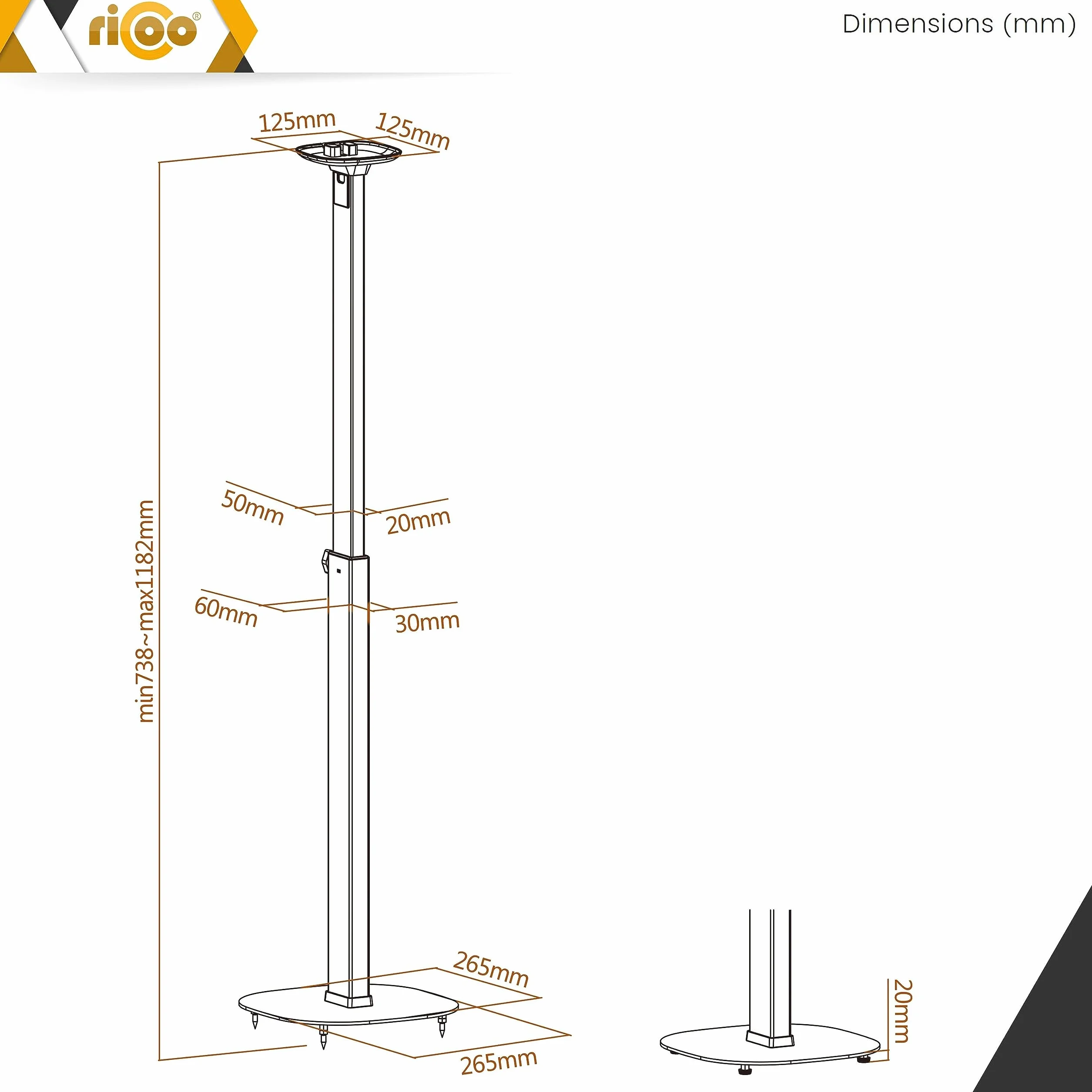 RICOO Supporto per Altoparlanti LH073 Supporti da terra per casse acustiche Supporto da Pavimento per SONOS ONE (SL) Stabile Stand con Gestione Cavi Integrata 1182 x 265 x 265 mm Set di 2, Nero