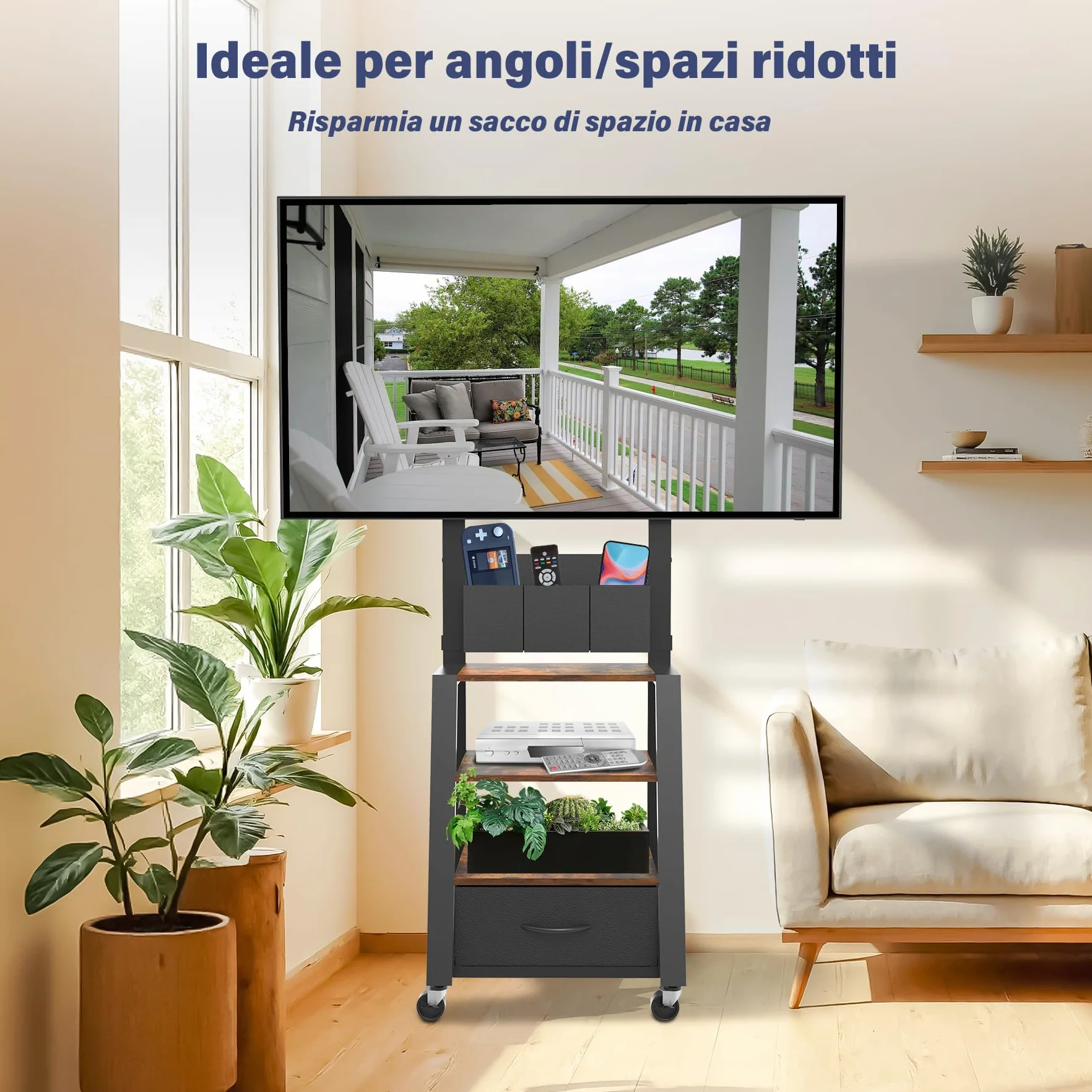 Mobile porta TV con ruote, cassetto e 3 ripiani per TV piatti/curvi da 23"-60", mas 72 kg, per LCD/LED/OLED. Carrello mobile con altezza regolabile per casa, ufficio e esterni, VESA mas 400x400mm