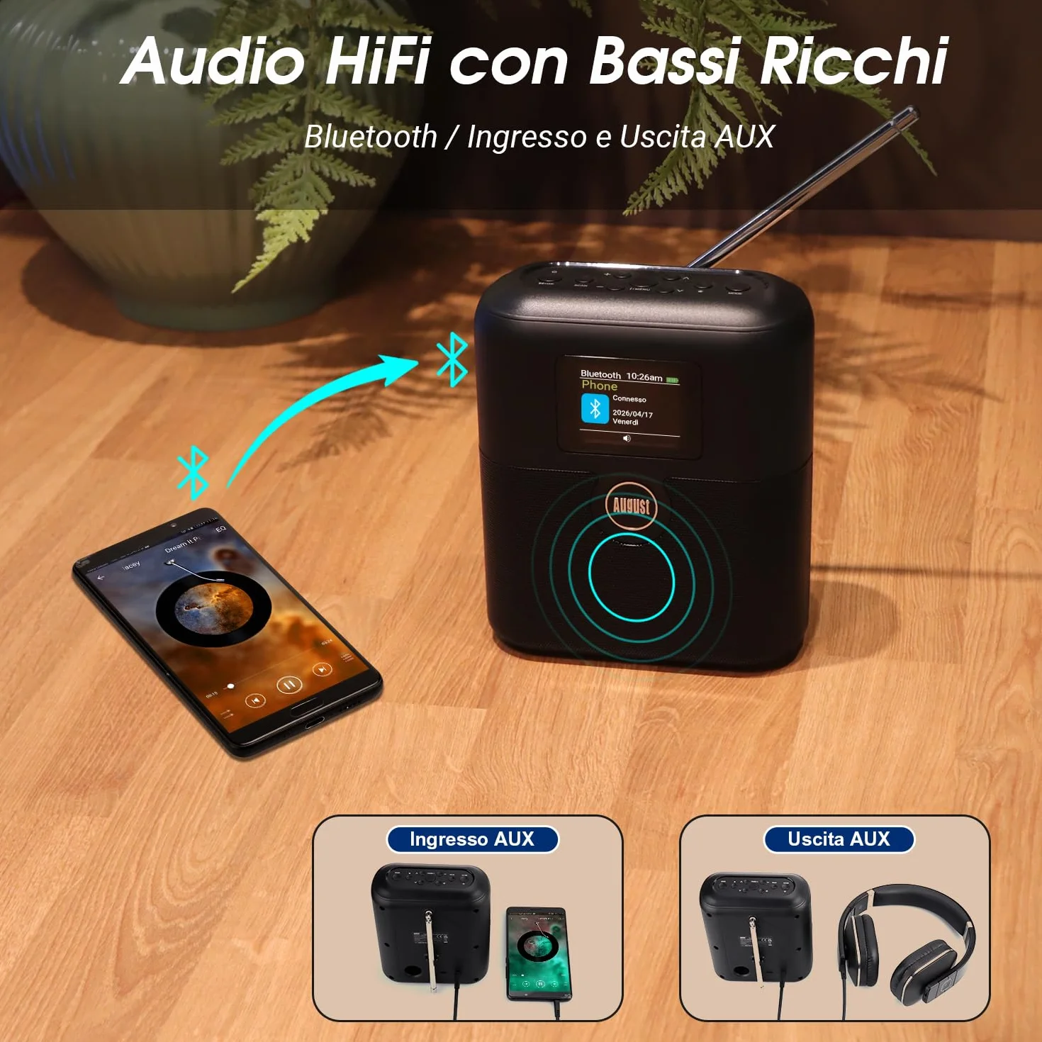August MB330 Radio DAB Portatile con Bluetooth - DAB/DAB+/FM Radio Digitale, USB Ricaricabile Doppio Radiosveglia, 60 Preset,Timer Spegnimento,AUX In/Out,EQ,Display Colori per Cucina, Camera e Outdoor