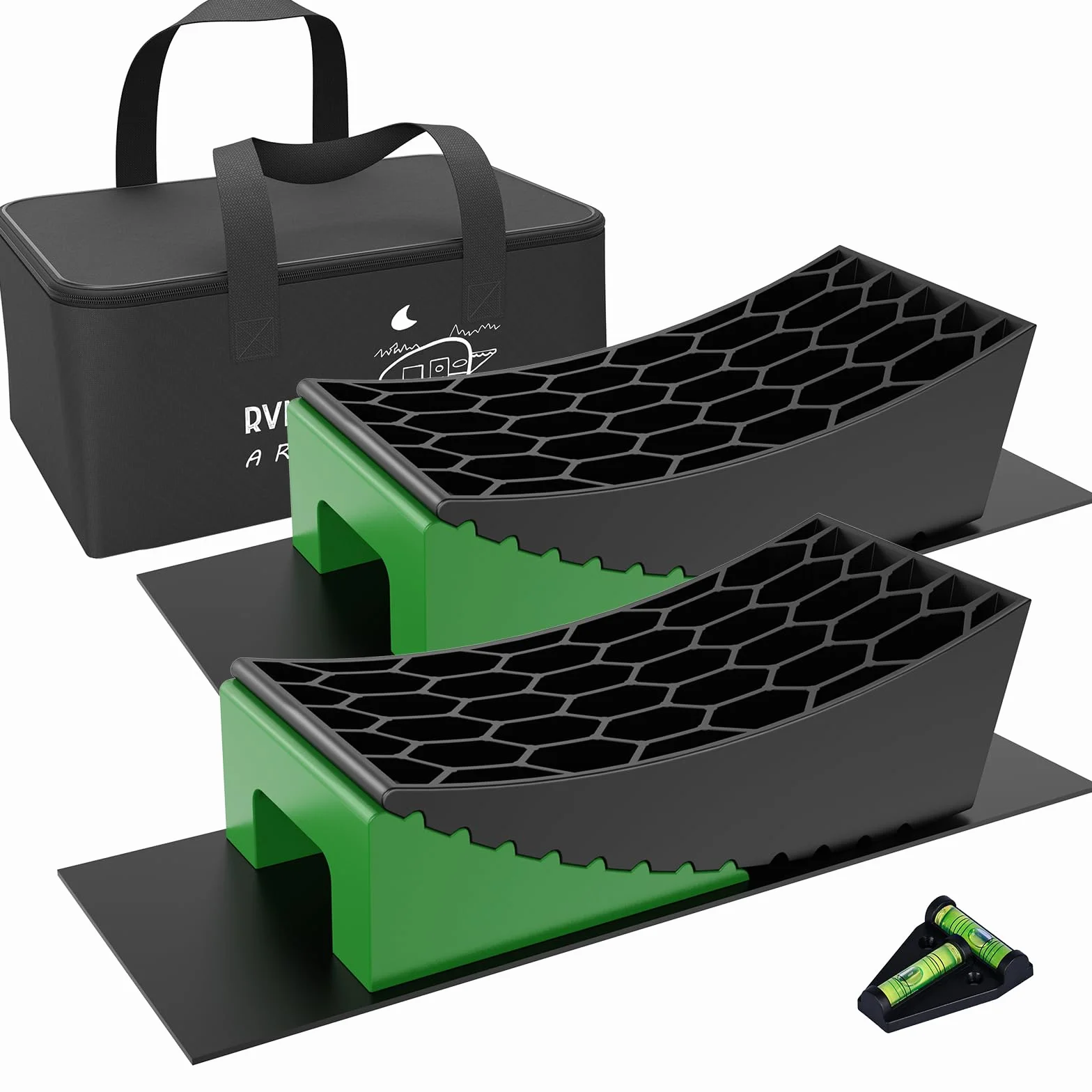 RVMATE Set di 8 blocchi livellatori per camper, inclusi livellatori curvi, cunei, tappetini in gomma e cuscinetto jack in omaggio nella borsa per il trasporto