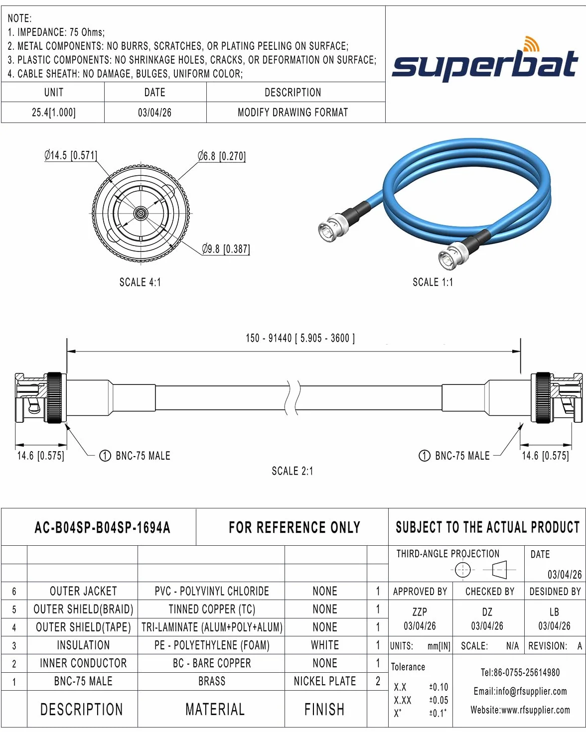 Superbat Cavo SDI 3G/6G/12G 61m Cavo Audio Digitale BNC Maschio a Maschio Belden 1694A 75 Ohm per Telecamere e Attrezzature Video, Supporta HD-SDI/3G-SDI/4K/8K(1 Pezzo)