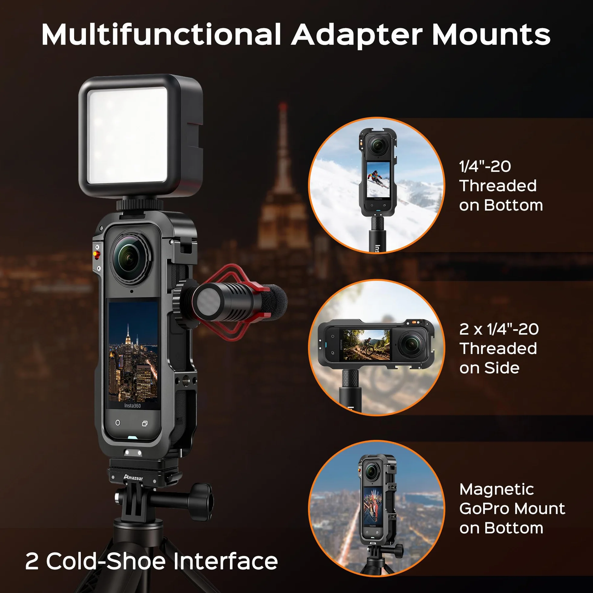 Amazear Custodia protettiva in metallo per accessori Insta360 X5, telaio multifunzione Insta 360 X5, struttura in alluminio con blocco a sgancio rapido, vari supporti di espansione