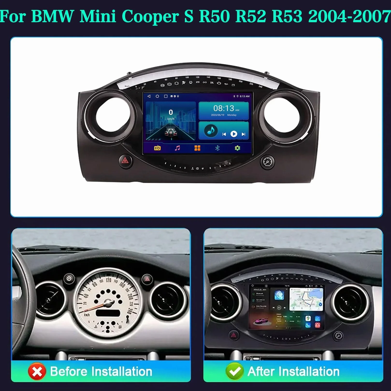 9 Pollici Android 14 Autoradio 2 Din per BMW Mini Cooper S R50 R52 R53 2004-2007 con Carplay Android Auto Senza Fili Bluetooth Stereo Auto Vista Posteriore in Diretta,con Comandi al volante/Mic(P3 WIF
