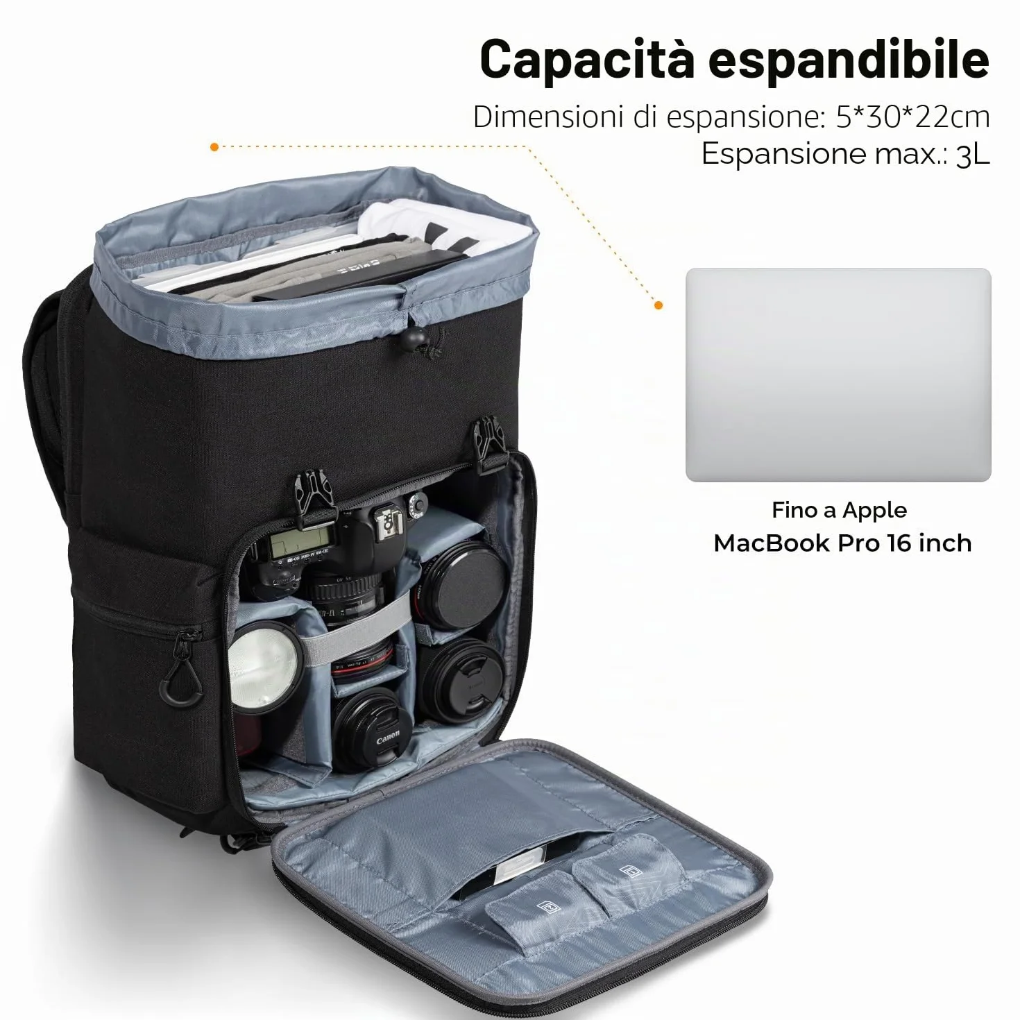 K&F CONCEPT Zaino per Fotocamera Professonale, Borsa Fotocamera Fotografia, Zaino Fotocamera Impermeabile Antifurto, Grande Capacità, Elevata Stabilità, Scomparto per Laptop da 15.6 pollici, Nero