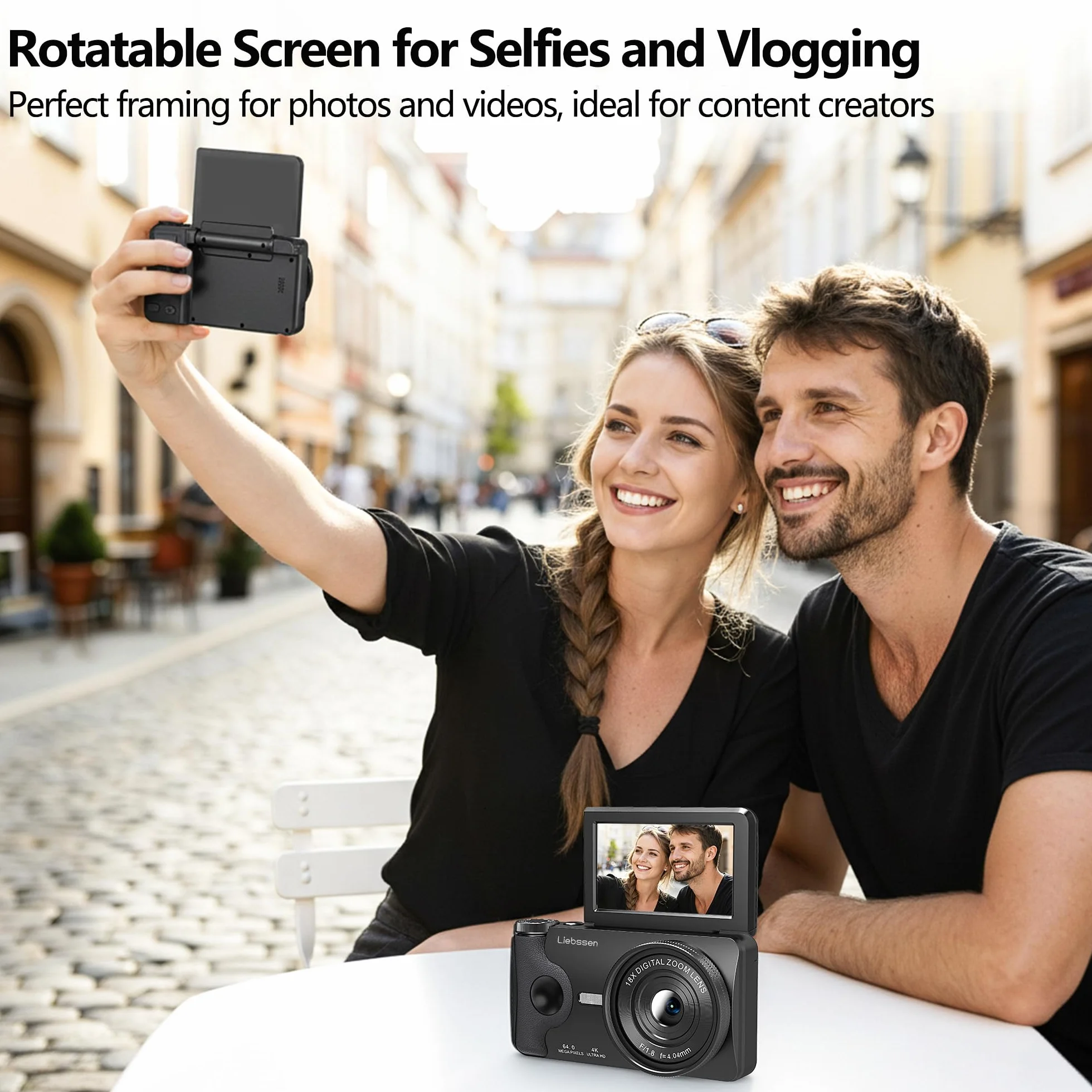 Fotocamera Digitale 4K 64MP Autofocus Ribaltabile 3,0" 180° Ricaricabile Portatile per Foto&Vlog, Time Lapse, Slow Motion&20 Filtri 2000mAh 32GB, per Creator Social, Bambini e Principianti (Nero)