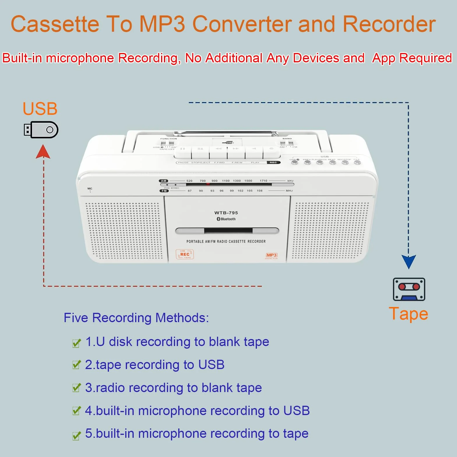 Lettore di cassette audio portatile con Bluetooth, USB e radio stereo AM/FM, microfono integrato per registrazione USB Conversione MP3, doppi altoparlanti, uso interno o esterno