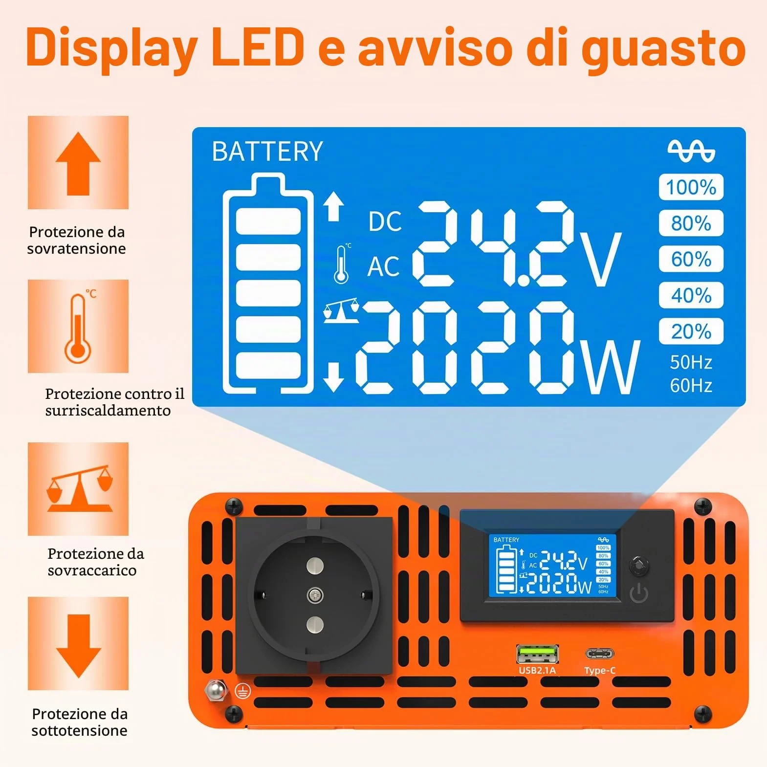 DATOUBOSS Inverter 24v 220v/230v Onda Pura 2000W/4000W, Inverter Onda Pura 2000W, Convertitore 24v 220v 2000w con LCD Display & Type-C e 1 presa AC e 1 Porta USB per Auto,Camion, Camper